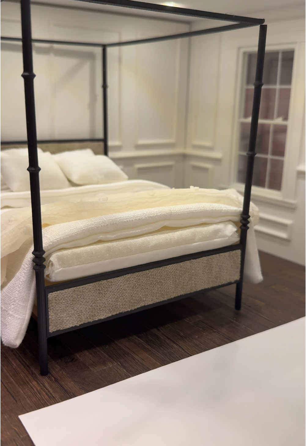 Let’s pick a bed frame.  I had high hopes for the first one, but it left much to be desired😅 I like the second one better. Don’t mind the sheets and mattress, those aren’t done. Actually, the bed itself is also not done, everything is preliminary #dollhouse #art #mini #miniatures #bedroom 