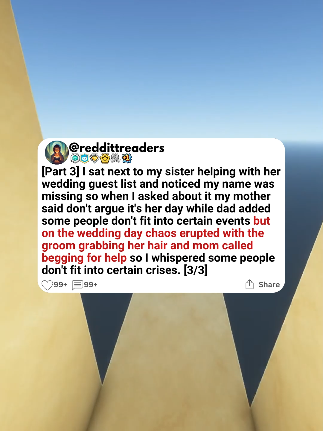 Part 3. I sat next to my sister helping with her wedding guest list and noticed my name was missing so when I asked about it my mother said don't argue it's her day while dad added some people don't fit into certain events but on the wedding day chaos erupted with the groom grabbing her hair and mom called begging for help so I whispered some people don't fit into certain crises. #redditstories #scalingstories