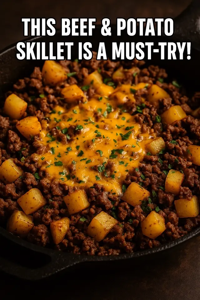 Ingredients: 	•	1 lb ground beef 	•	1 lb Yukon gold potatoes, cubed 	•	1 small onion, diced 	•	2 cloves garlic, minced 	•	1 tsp smoked paprika 	•	½ tsp chili powder 	•	Salt & pepper to taste 	•	2 tbsp olive oil 	•	1 cup shredded cheddar cheese 	•	2 tbsp chopped parsley Instructions: 	1.	Heat olive oil in a large skillet over medium-high heat; add potatoes, season with salt/pepper, and cook 8–10 minutes stirring until golden. 	2.	Push potatoes aside; add onion + garlic and cook 2 minutes. Add ground beef; break up and brown 5–7 minutes. 	3.	Stir in paprika, chili powder, and adjust salt/pepper. 	4.	Mix potatoes and beef together, sprinkle cheddar on top, cover until cheese melts (~2 mins). 	5.	Garnish with parsley and serve hot. #MeatAndPotatoes #OnePanMeal #EasyDinner #SavoryEats