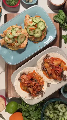 #RecipeBelow This one’s a double whammy!  I'm making Korean beef tacos plus chicken tostadas and they're SO good I can't even handle it.  Ingredients:  1¼–1½ lbs chicken cutlets, sliced into strips 2 egg whites 1 tbsp light soy sauce 1 tbsp dark soy sauce 2 tsp orange zest ½ cup cornstarch Cooking oil spray 1 lime (half for wedges, half juiced) 1 14-oz jar kimchi  1½ tbsp light brown sugar ½ cucumber, thinly sliced Salt and pepper 2 cups shredded carrots ½ cup cilantro, chopped  ½ cup mint, chopped  1 package corn tostadas (12–14)  Fried eggs, optional Instructions: Preheat oven to 475°F and line a baking sheet with parchment. Whisk egg whites for 30 seconds, add both soy sauces and orange zest, then toss with chicken. Transfer chicken to a bowl with cornstarch and coat thoroughly. Arrange on baking sheet, spray with oil, and bake 15–20 minutes until golden. Drizzle with lime juice. Meanwhile, cook kimchi in a skillet over medium-low heat with ½ tbsp brown sugar until warm and lightly browned. In a small bowl, toss cucumber with salt, pepper, ½ tbsp brown sugar, ¼ cup cilantro, and ¼ cup mint. Do the same with carrots in a separate bowl. To assemble: place tostada on plate, top with kimchi, chicken, carrots, and cucumber. Add a fried egg if desired. For the tacos start with the sauce, layer on the beef, carrots and sesame seeds. Serve with lime wedges.