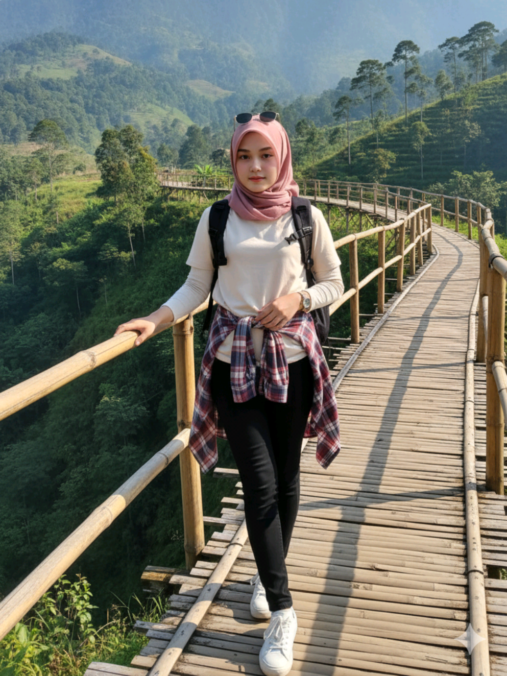 Prompt Gemini Ai wanita berdiri di jembatan bambu alam terbuka Buatkan gambar hyper-realistic, wajahnya sama persis dengan foto referensi (100% tanpa perubahan pada wajah, mata, struktur wajah, alis, hidung, bibir dan juga jangan merubah bentuk badan) Seorang wanita berhijab sedang berdiri di atas jembatan bambu di tengah alam pegunungan hijau yang luas. Ia mengenakan kaus lengan panjang, kemeja kotak-kotak diikat di pinggang, celana hitam, sepatu sneakers dan membawa ransel hitam di punggung, kacamata hitam yang diletakkan di atas kepala. Wanita itu sambil menatap ke depan, tangan kanan diletakkan santai di atas pagar jembatan bambu, dengan suasana cerah dan langit biru. Latar belakang menampilkan perbukitan hijau dan pepohonan rindang, memberikan nuansa tenang dan segar. Foto bergaya candid, diambil dengan pencahayaan alami siang hari dan warna lembut alami, beresolusi sangat tinggi, 8K, fokus tajam, detail tajam. #fypage #fypシ゚ #fyppppppppppppppppppppppp #fyp #healing 