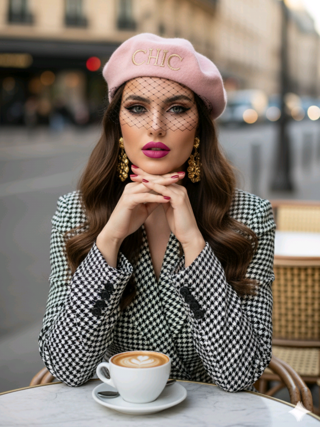 1. Abra o aplicativo Gemini do Google  2. Faça o upload da sua foto  3. Copie e cole o seguinte texto: Usando minha foto como referência de rosto e cabelo, sem modificar nenhum dos traços faciais originais e mantendo-se fiel às minhas características físicas, crie um retrato fashion de uma mulher glamourosa em um café parisiense ao ar livre. Ela tem longos cabelos ondulados, olha diretamente para a câmera com contato visual intenso e posa elegantemente com as mãos cruzadas sob o queixo. Roupa e acessórios: Casaco xadrez pied-de-poule sob medida, brincos pendentes dourados texturizados, boina rosa suave com 