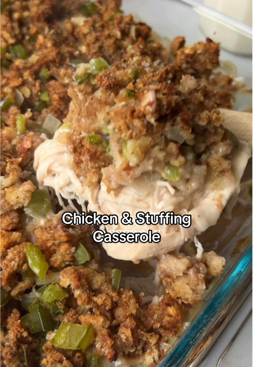 CHICKEN STUFFING CASSEROLE 🍗🍞 It’s like Thanksgiving in a baking dish. Cozy, creamy, and packed with all the comforting flavors you crave (and yes, it makes the house smell amazing). INGREDIENTS  2 lbs cooked, lightly shredded chicken 1 (10.5 oz) can cream of mushroom soup 1/4 cup whole milk 1/2 cup store bought (I like Heinz) or homemade gravy 4 tbsp butter 1 green bell pepper, diced 1 onion, diced 2 cups chicken broth 12 oz herb seasoned stuffing mix INSTRUCTIONS  Preheat oven to 375°F.  In a pot, melt butter over medium heat. Add bell pepper and onion, sauté 5 minutes or until soft.  Pour in chicken broth and bring to a boil. Remove from heat and stir in stuffing mix until combined.  In a bowl, mix shredded chicken, cream of mushroom soup, milk, and gravy until combined.  Butter a 9x12 baking dish and spread the chicken mixture evenly on the bottom. Spoon stuffing on top.  Bake uncovered for 35 minutes or until bubbly and golden brown.  Serve warm with extra gravy on top. #chickenandstuffing #EasyRecipe #comfortfood #chickencasserole