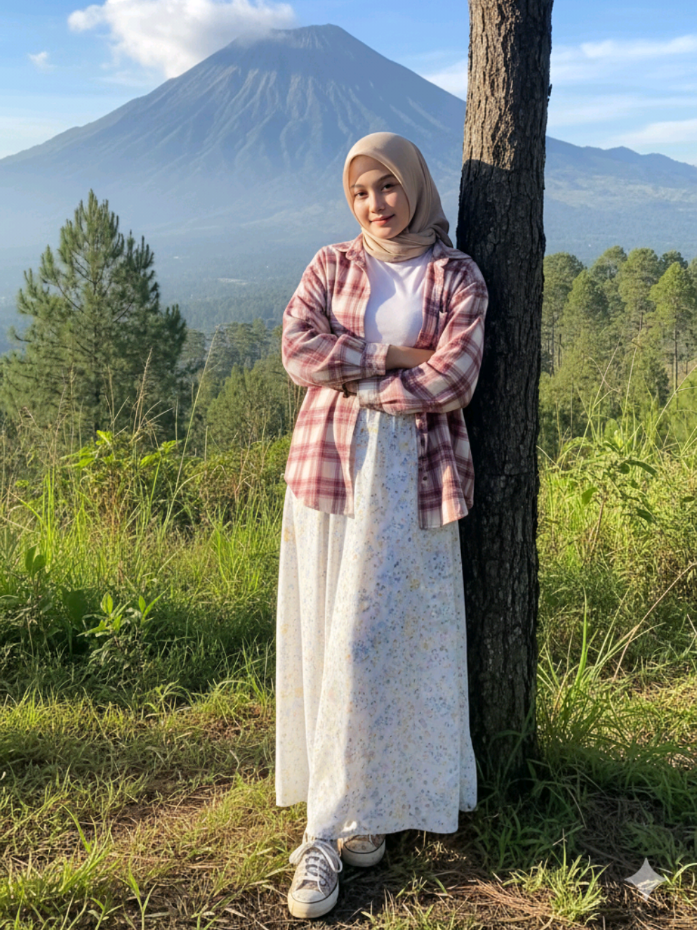 Prompt Gemini Ai wanita berdiri santai di samping pohon dengan pemandangan gunung Buatkan gambar hyper-realistic, wajahnya sama persis dengan foto referensi (100% tanpa perubahan pada wajah, mata, struktur wajah, alis, hidung, bibir dan juga jangan merubah bentuk badan) Seorang perempuan muda ceria mengenakan jilbab berwarna terang dan kemeja kotak-kotak merah muda di atas atasan dalam putih, dipadukan dengan rok panjang bermotif putih, sepatu kets bermotif, berdiri santai di samping pohon tinggi. Ia berpose dengan tangan bersilang dan senyum lembut, sedikit bersandar di batang pohon. Latar belakangnya menampilkan pemandangan gunung tinggi yang menakjubkan (seperti Gunung Sumbing atau Sindoro) di bawah langit biru cerah, dikelilingi rerumputan hijau dan pepohonan seperti pinus. Foto ini diambil di bawah sinar matahari pagi yang cerah dengan pencahayaan alami dan suasana yang jernih dan segar — fotografi realistis, beresolusi sangat tinggi, 8K, fokus tajam, detail tajam. #fyp #fyppppppppppppppppppppppp #fypシ゚ #fypage #hijab 