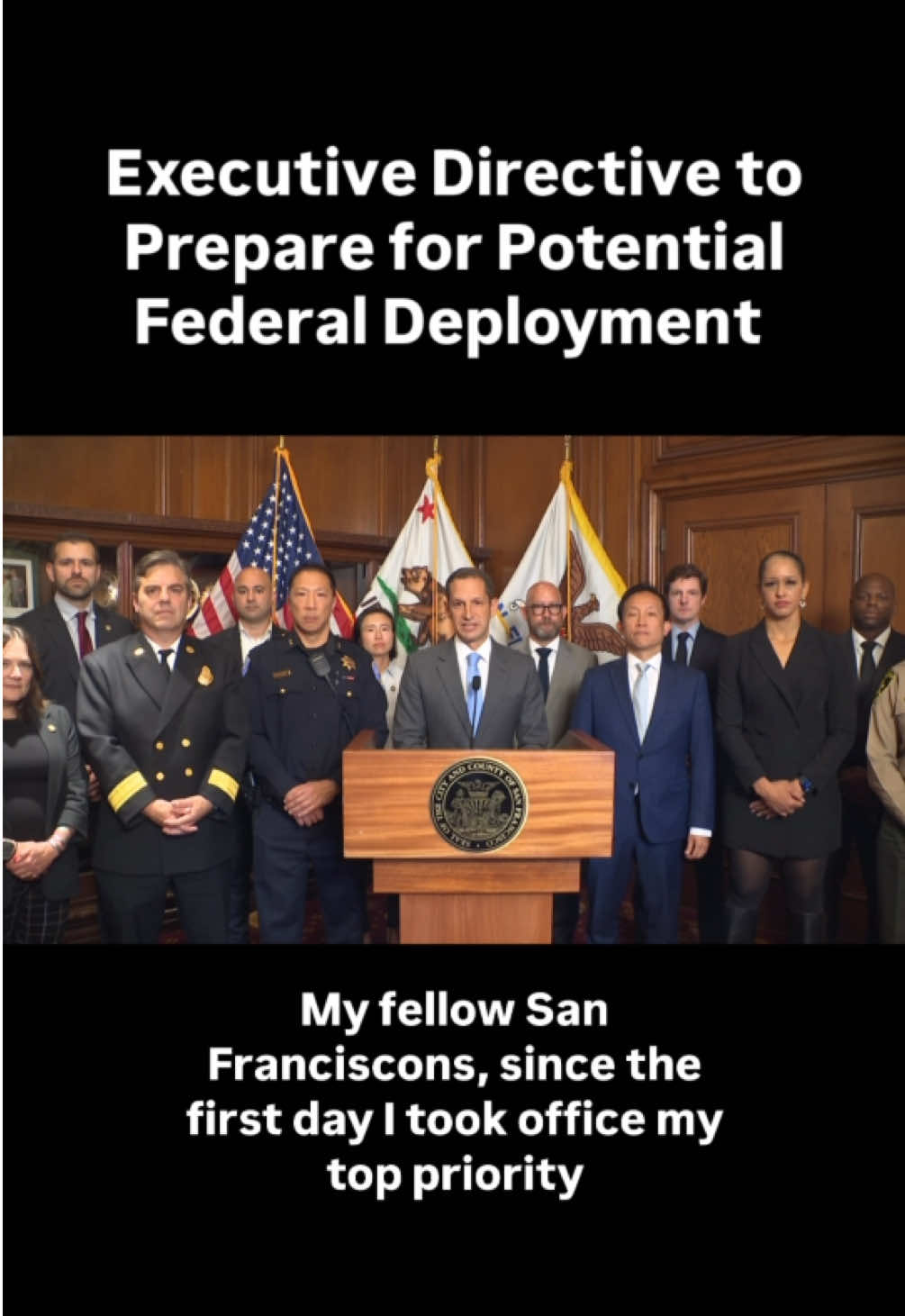 Since the day I took office, my top priority has been keeping San Franciscans safe. For months, we have been anticipating the possibility of some kind of federal deployment in our city.   Our communities have already endured the painful impact of aggressive immigration enforcement. At the same time, we continue to see escalated operations across the country.   For the last ten months, we have been taking steps to prepare for this kind of escalation here in San Francisco.   And I want to be very clear: We are prepared.   Just a few minutes ago, I signed an executive directive that will build on these preparations, strengthen the city’s support for our immigrant communities, and ensure our departments are coordinated ahead of any federal deployment.   And while we cannot control the federal government, here in San Francisco, we define who we are. We stick to our values. We support our communities the way we always have.