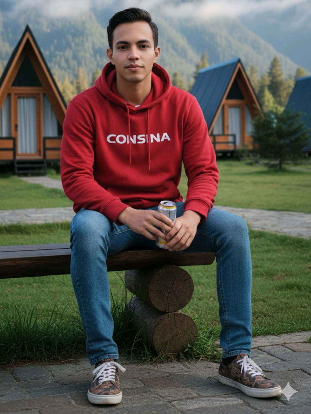 Prompt Gemini Ai pria duduk di bangku di area pegunungan Buatkan gambar hyper-realistic, wajahnya sama persis dengan foto referensi (100% tanpa perubahan pada wajah, mata, struktur wajah, alis, hidung, bibir dan juga jangan merubah bentuk badan) Seorang pria duduk santai di bangku kayu luar ruangan di area pegunungan yang sejuk, mengenakan jaket hoodie merah merk CONSINA, celana jeans biru, sepatu kets bermotif. Ia memegang minuman kaleng di tangannya dan melihat ke arah kamera dengan ekspresi tenang. Di belakangnya tampak pemandangan indah pegunungan tinggi dengan kabut tipis di lerengnya, langit biru cerah, serta beberapa pondok kayu berbentuk segitiga bergaya A-frame. Latar berupa taman hijau dan jalan setapak batu, dengan suasana pagi yang segar dan pencahayaan alami lembut. Gaya foto realistis, komposisi seimbang, dan nuansa wisata alam pegunungan, beresolusi sangat tinggi, 8K, fokus tajam, detail tajam, pencahayaan foto realistis, tekstur kulit alami, tanpa blur, tanpa noise, latar belakang sangat detail, fotografi profesional, resolusi super, ultra tajam. #fypage #fypシ゚ #fyppppppppppppppppppppppp #fyp #gunung 