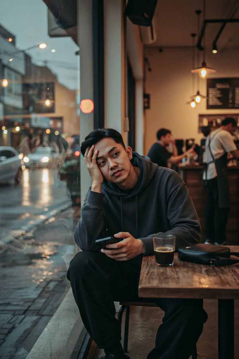 Bukan sedih, hanya kosong saja pikiran ini,. Prompt : A young man sits by a window in a cozy coffee shop in Bandung on a cool evening. He wears an oversized charcoal hoodie and black sweatpants, one hand resting on his forehead while the other loosely holds a phone on the table. In front of him sits a half-finished glass of black coffee and a small black sling bag. His gaze drifts blankly toward the window, lost in thought. His face, true to the reference, carries a quiet, distant expression. Around him, customers chat softly and a barista works behind the counter, while outside, the wet Bandung streets shimmer under the city lights — a cinematic, Fujifilm-style moment of solitude and reflection. #Photolab #Prompt #kceut #AI #NanoBanana    @nan_sajalah Sad gara gara liat VT dia..