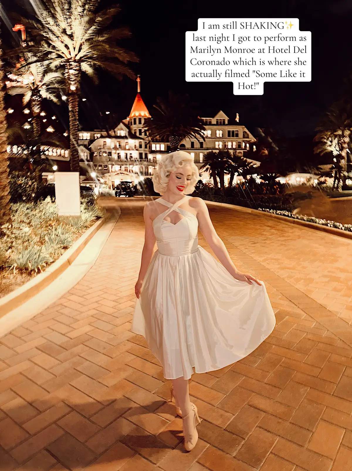 I am still SHAKING✨last night I got to perform as Marilyn Monroe at #hoteldelcoronado which is where she actually filmed 