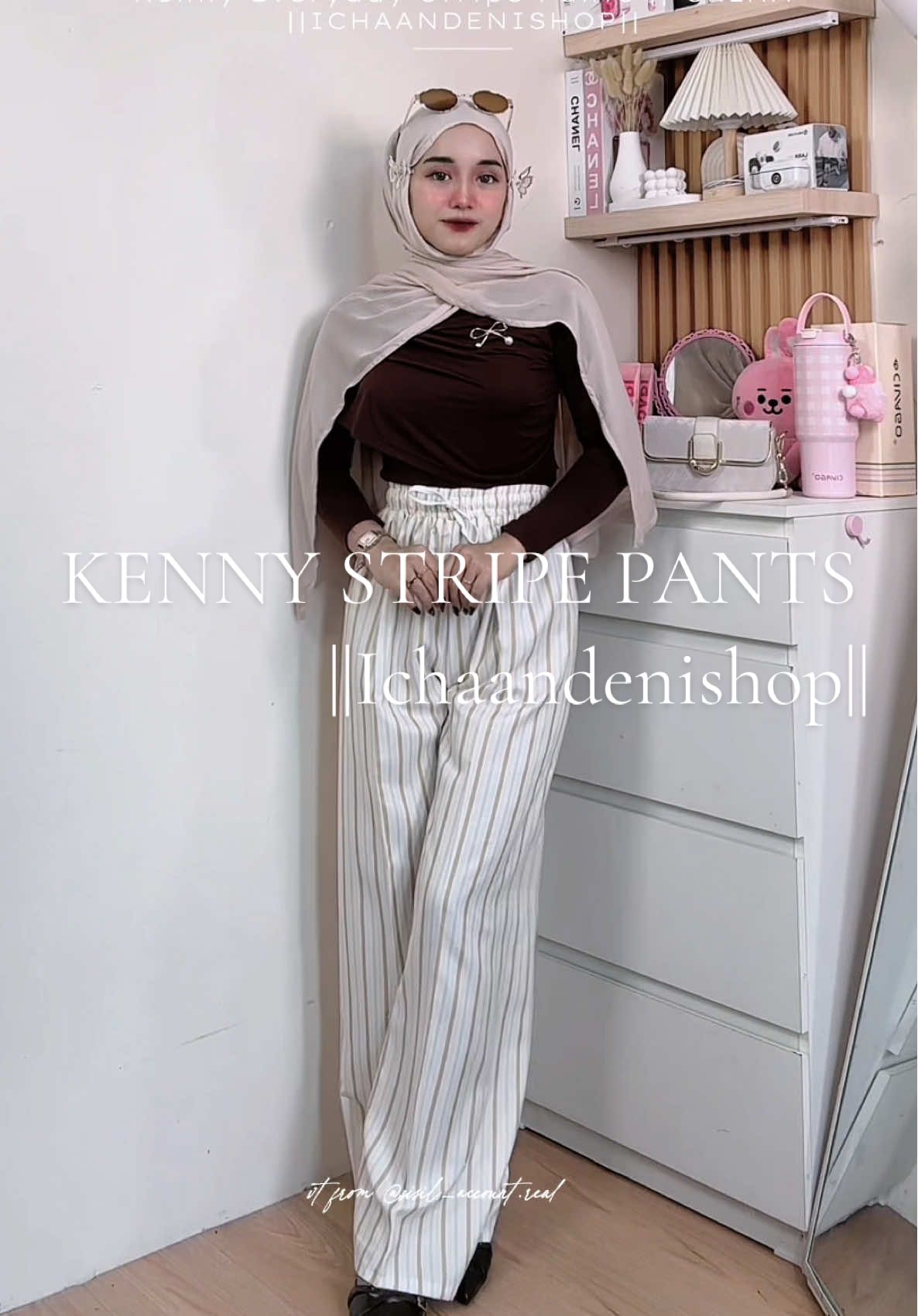 🛒Kenny Stripe Pants/Everyday pants 40k muat bb 100kg from @ichaandenishop warna cream cakep banget please😍🤏🏻 ||note bbtb 48kg/153cm #everydaypants #stripedpants #celanakekinian #stripepants #ichaandenishop 