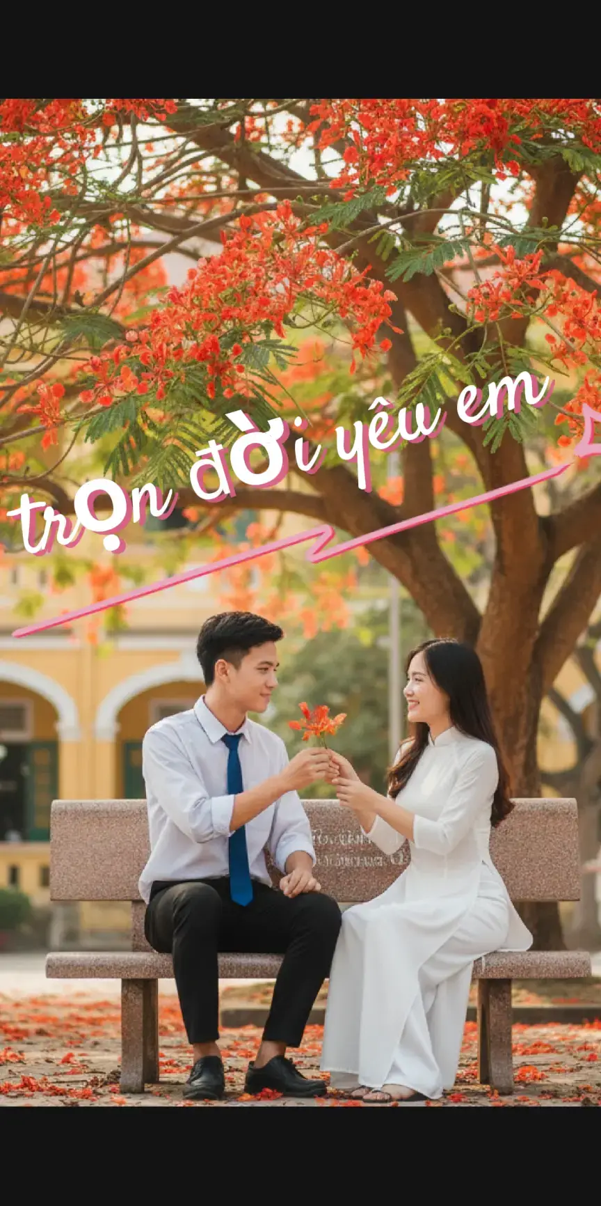 Anh sẽ yêu em đến trọn cuộc đời Cuộc tình đầu tiên anh dành cho em Từ lúc đôi ta đi học cùng trường Mộng mơ trang vở học trò Kỷ niệm còn đó tên em. Em nhớ không em những lần hẹn  hò Lần nào bên  nhau như hình với bóng Tay ấm trong  tay em thường bảo rằng Dù cho núi lở non  mòn Tình  ta sẽ chẳng đổi thay .  ca khúc 