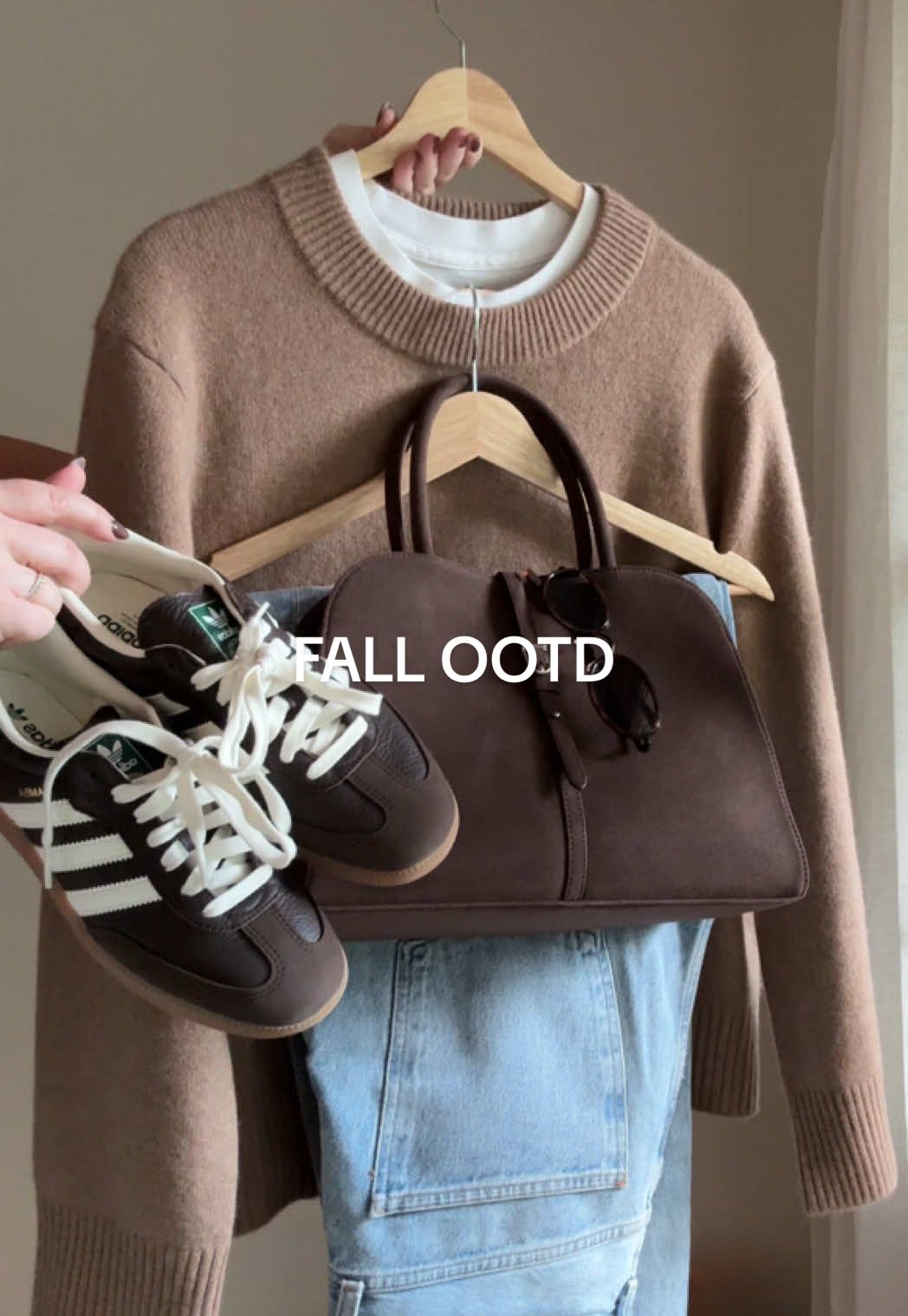 I’m front tucking don’t @ me Gen Z.  #falloutfits #casualoutfits #casualstyle #oversizedsweater #adidassamba casual fall outfits, fall aesthetic, barrel jeans outfit, chocolate brown adidas, quince cashmere