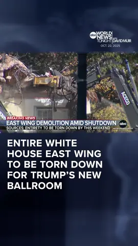 As the government shutdown enters its fourth week, sources tell ABC News that the entire East Wing of the White House is expected to be demolished as soon as this weekend to build Pres. Trump's $300 million ballroom. Mary Bruce has the latest. #WorldNewsTonight 