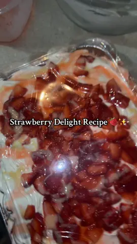 Strawberry Delight Dessert 🍓✨ This is one of my favorite dessert recipes i’ve done so far! The ingredients are super simple as well! I’ll be listing them down below!  - 2 pounds of strawberries  - 1 cup of sugar - Lime juice - 1 can sweetened condensed milk - 1 block of cream cheese - 1 box banana pudding - 2 cups of milk  - 2 containers of cool whip - 2 pound cakes You want to make sure to do the strawberry mixture and leave in fridge for a couple of hours! Everything you need to know is in the video 🍓✨ #strawberrydelight #strawberrydessert #strawberry #dessertrecipe #sweettreats 