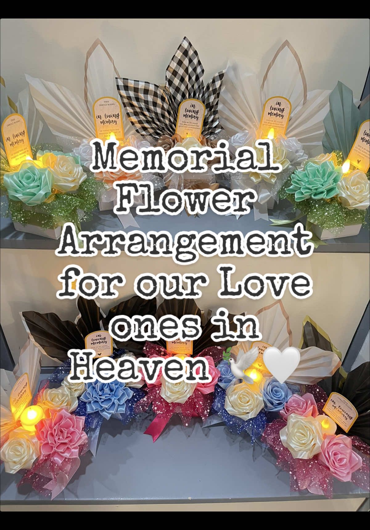 Satin Ribbon Flower for our love ones in heaven 🕊️🤍 DM for orders & inquires! #HoneyPrintsandCrafts #allsaintsday2025 #undas2025 #trending #SatinRibbonMemorialFlowerArrangement 