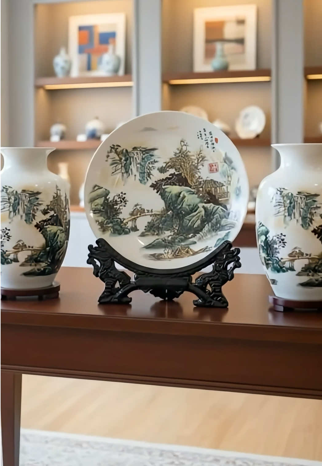 ✨ Bộ 3 bình gốm nghệ thuật – 2 bình + 1 đĩa cao 32cm 🌿 Họa tiết sơn thủy hữu tình, sang trọng – tinh tế 👉 Trang trí phòng khách, quà tặng phong thủy may mắn #binhgom #noithat #trangtri #decor