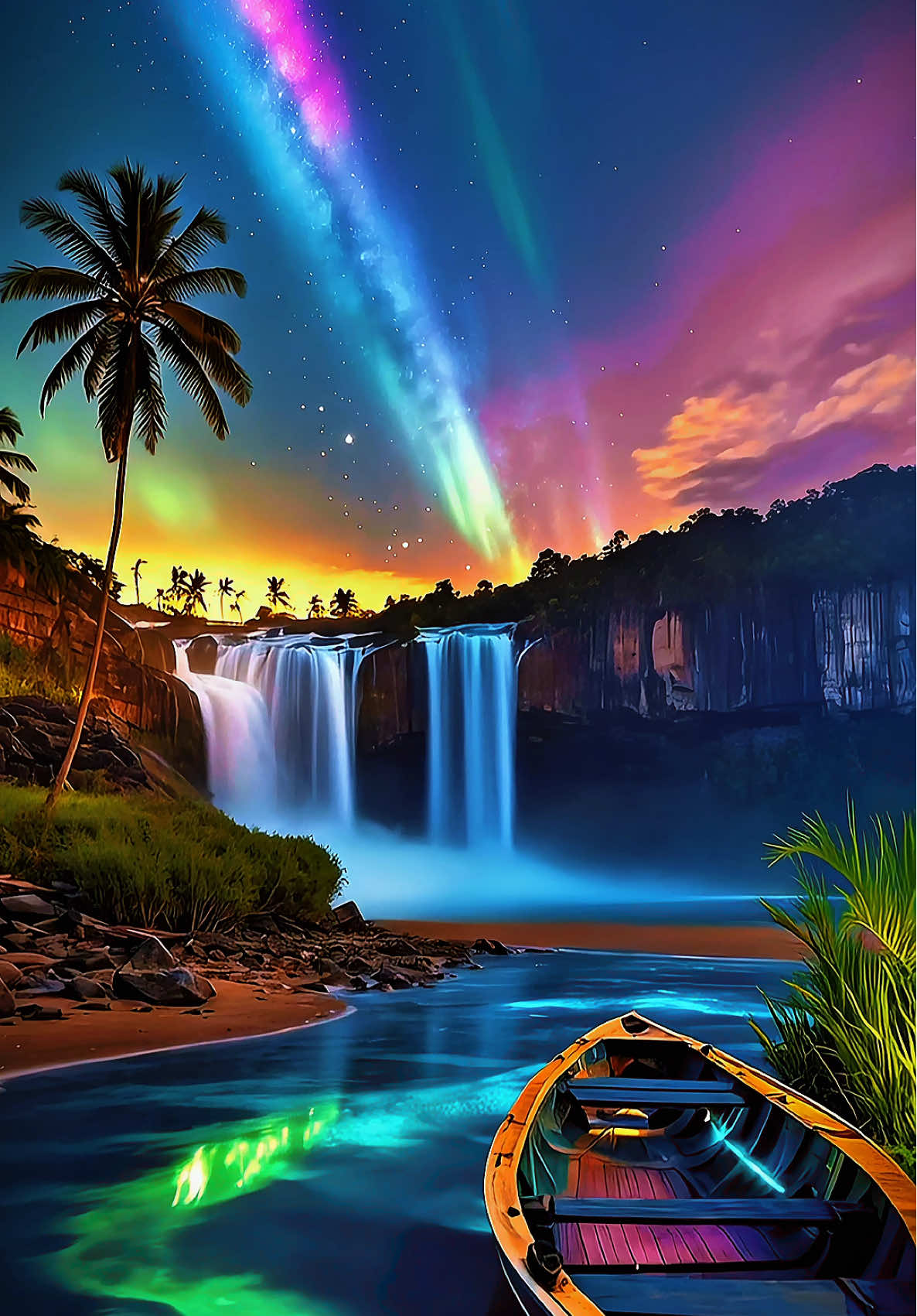 4K Live Wallpaper | Aurora Waterfall Skies & Lakes 🌊🌟⛰️🌄 ✨ Step into the realm of Aurora Waterfall Skies & Lakes, a Cinematic 4K Live Wallpaper where Northern Lights under the Milky Way shimmers above cascading waterfalls and crystal lakes. Emerald waves mirror the galaxies, painting the night in violet, turquoise, and gold. A tranquil cosmic sanctuary — where water meets sky, and dreams reflect eternity 💙 #wallpapers #livewallpapers #waterfalls #northernlights #milkyway 