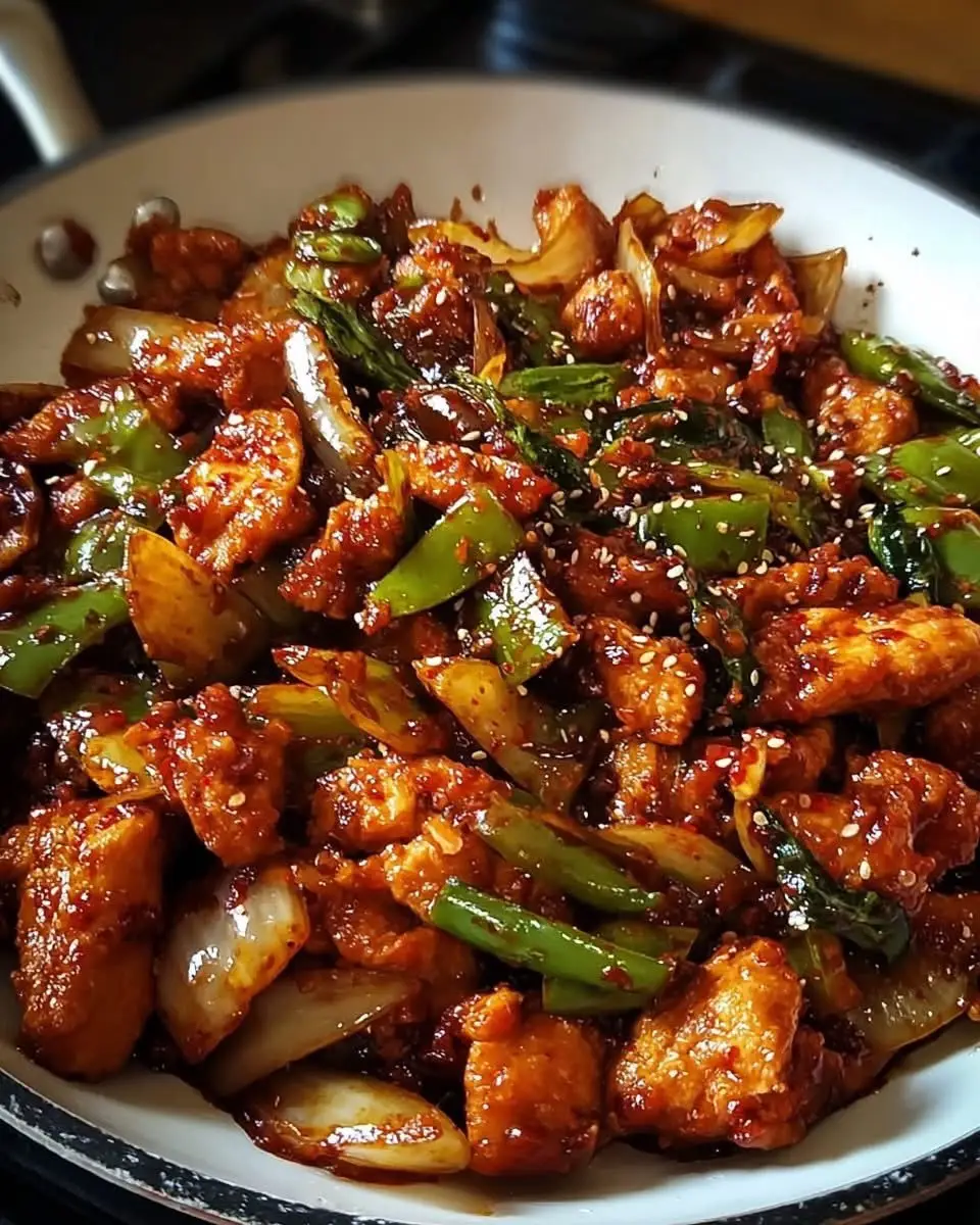Fiery Korean Chicken Stir Fry with Gochujang, Veggies & Sesame Heat Ingredients: 500g (1 lb) boneless skinless chicken thighs, cut into bite-sized pieces 2 tablespoons gochujang (Korean red chili paste) 1 tablespoon soy sauce 1 tablespoon sesame oil 1 tablespoon honey or brown sugar 2 cloves garlic, minced 1 teaspoon grated fresh ginger 1 small onion, sliced 1 red capsicum (bell pepper), sliced 1 carrot, julienned 1/2 zucchini, sliced 2 tablespoons vegetable oil 1 teaspoon sesame seeds (optional) 1 spring onion, chopped (for garnish)