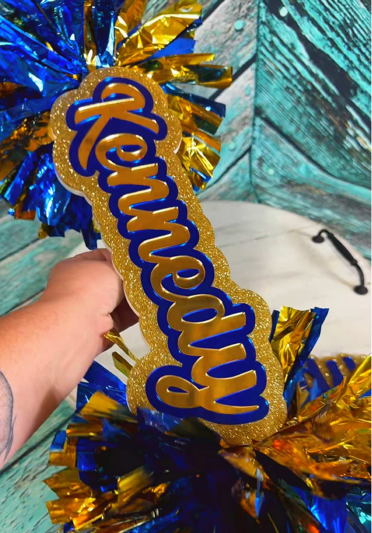 Blue & Gold combo hits every time! #cheerstick #cheersticktutorial #acrylicsign #customsigns #cheermom 