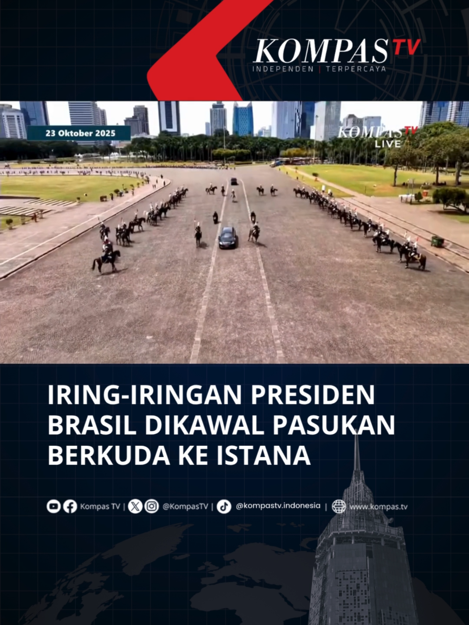 Inilah iring-iringan Presiden Brasil Lula Da Silva tiba di Istana Merdeka, Jakarta pada Kamis (23/10/2025). Upacara penyambutan Presiden Brasil Lula Da Silva tampak dikawal pasukan berkuda masuk kompleks Istana. Lula juga disambut sejumlah anak-anak sekolah dasar yang mengibarkan bendera Brasil dan Indonesia. Presiden Prabowo menyambut langsung kehadiran Presiden Brasil di Istana Merdeka. Tuliskan komentarmu dan dapatkan berita terkini lainnya di www.kompas.tv serta youtube.com/kompastv #SOROTKompasTV #TikTokBerita