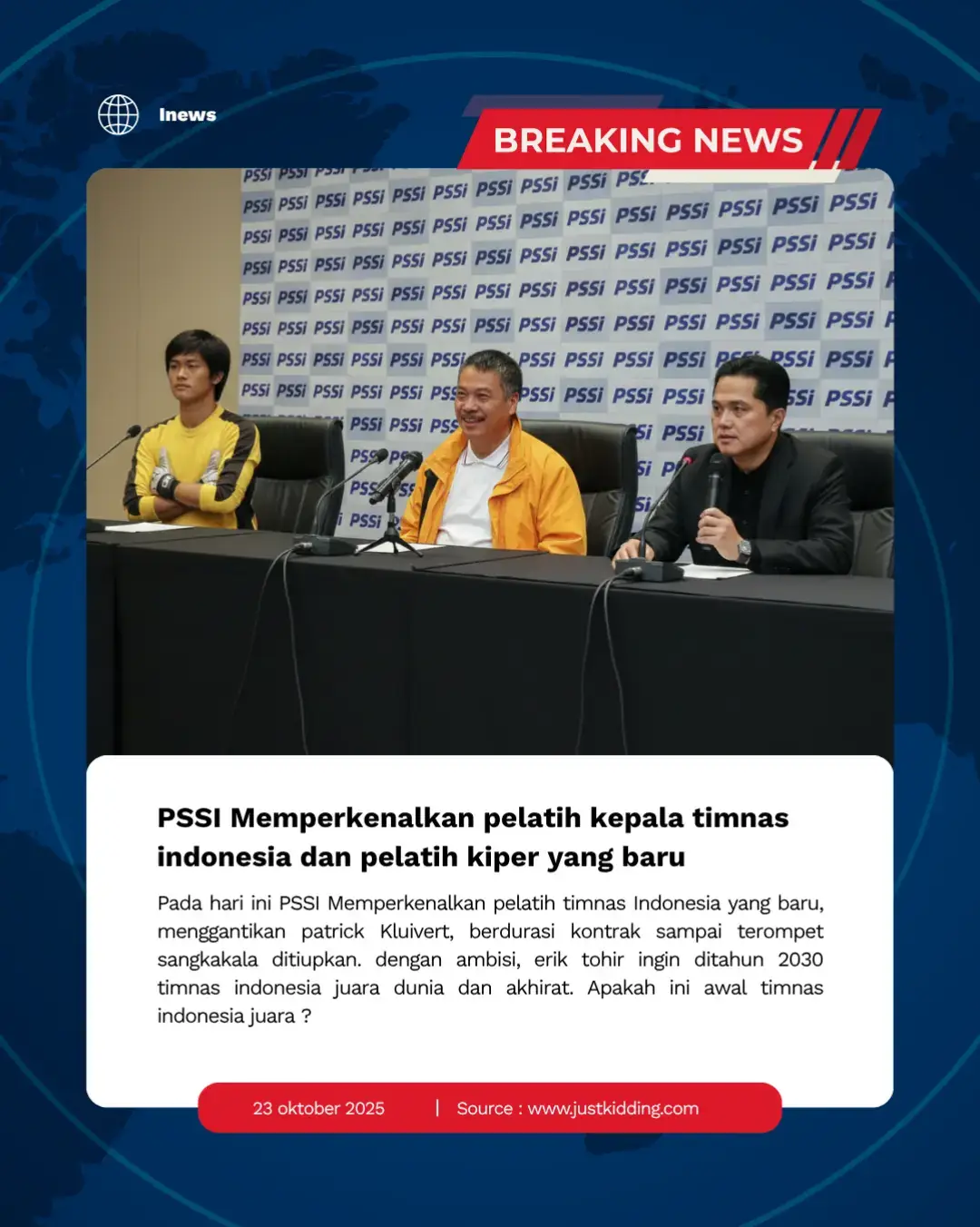PSSI memperkenalkan pelatih baru Timnas Indonesia bersama pelatih kiper legendaris yang siap bawa angin perubahan besar! 🇮🇩⚽ Target mereka bukan main — Juara Dunia 2030, dan kalau bisa sekalian Juara Akhirat juga! 😇💪 Garuda siap terbang lebih tinggi dari sebelumnya! 🦅 #PSSI #TimnasIndonesia #PelatihLegendaris #GarudaBangkit #Menuju2030 