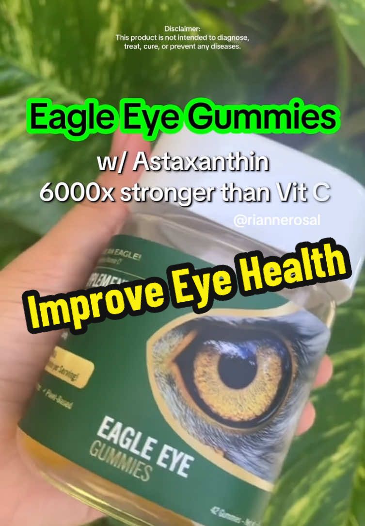 Eagle Eye Gummies ✅ contains Astaxanthin that 6000x stronger than vitamin C ✅ supports retina and macular health ✅ 6000x stronger antioxidant ✅ superior night vision clarity ✅ with lutein and DHA (deep sea fish oil) Disclaimer: This product is not intended to diagnose, treat, cure, or prevent any diseases. Precautions: - Do not exceed the recommended daily dose (2 gummies). - Stop using and consult healthcare provider if unusual symptoms occur - If taking medication or undergoing treatment, consult your health provider before use. #filihealth #eagleeyegummies #eyehealth #eyecare #tiktokwellness m