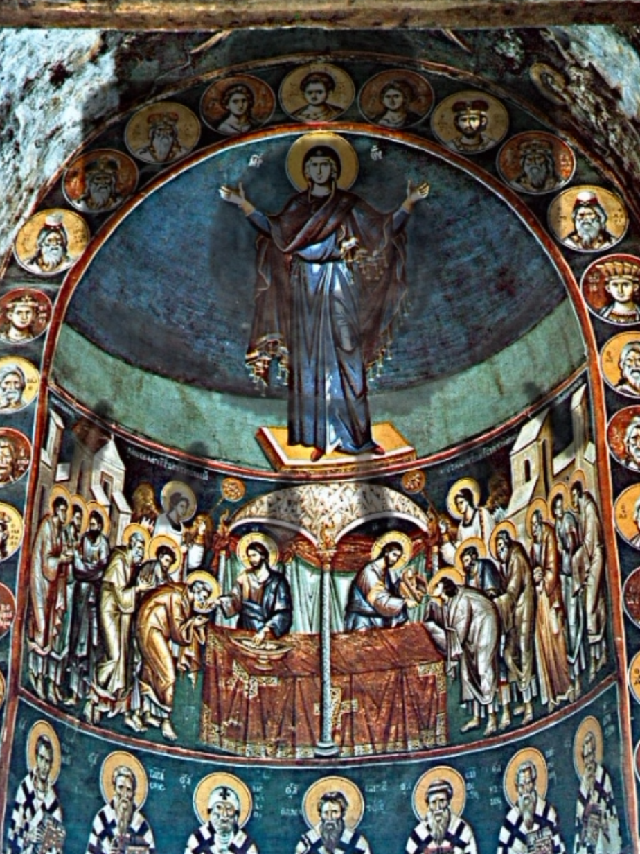 👁️‍🗨️. There's always more to it than it meets the eye... Fascinating Esoteric Iconography - Frescoes, Church of St Clement, Ohrid MACEDONIA. Depiction of the Virgin(deVa<->aVed/a/⚡) Mary and the Communion of the Apostles, frescoes by 