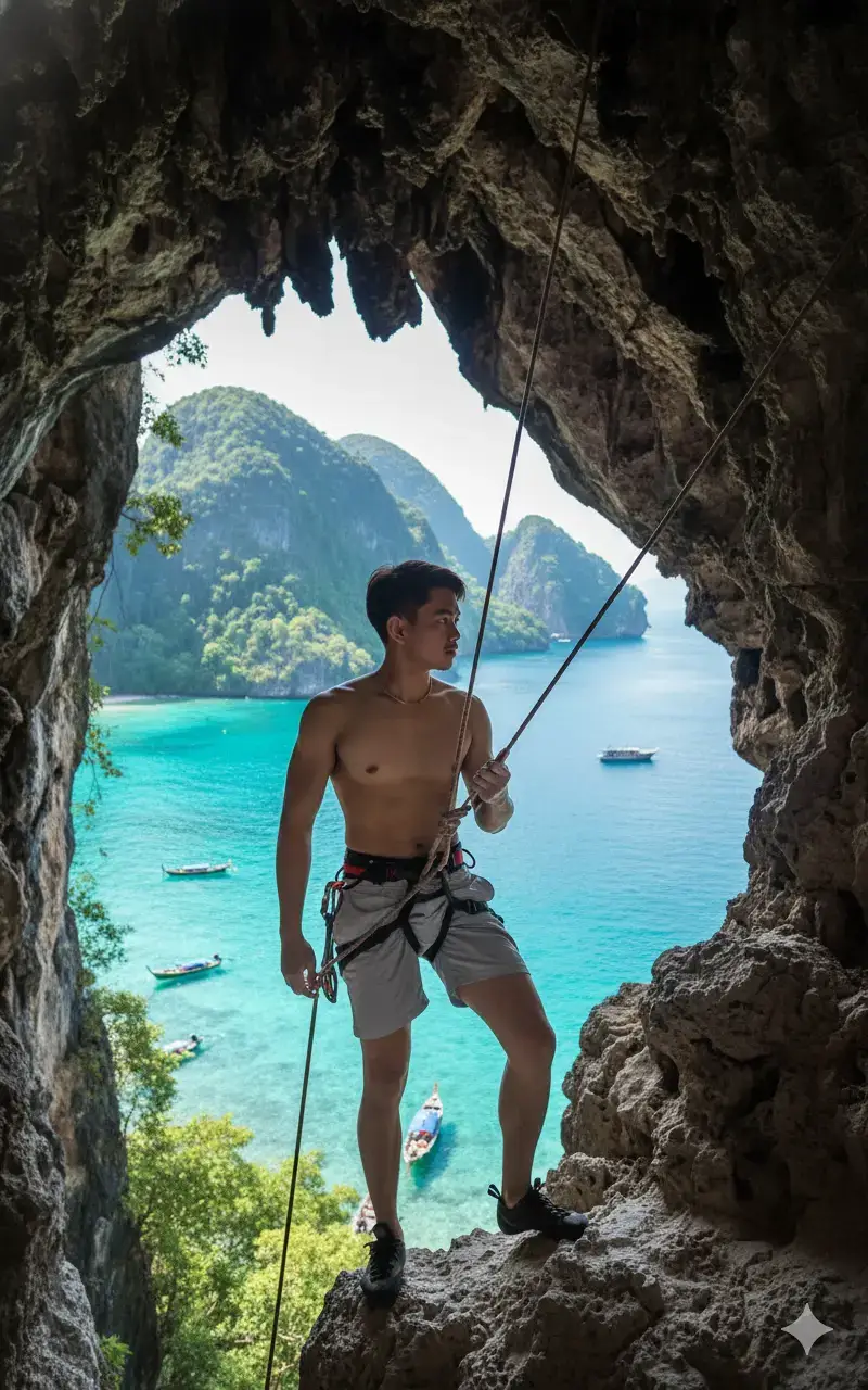 A dramatic portrait of a handsome, lean, and muscular Asian man (referring to the man in the photo), shirtless, rock climbing or rappelling, framed by the mouth of a natural cave or rock formation. He stands on a rocky ledge with his knees slightly bent, gripping a thick climbing rope, gazing intently to the lower left. He is wearing light gray athletic shorts, a climbing harness, and dark shoes. His hair is short, dark, and neatly styled. The background depicts a stunning and vibrant tropical landscape—a turquoise bay with crystal-clear waters below, dotted with small, long-tailed boats. In the distance, the opposite side of the bay is framed by towering limestone cliffs (karst) covered in lush green vegetation, reminiscent of locations like Railay Beach or Krabi in Thailand. The bright sunlight highlights the vibrant hues of the water and the dramatic contrast of elevations. The image exudes a sense of adventure and the intense, action-packed energy of the tropical lifestyle.