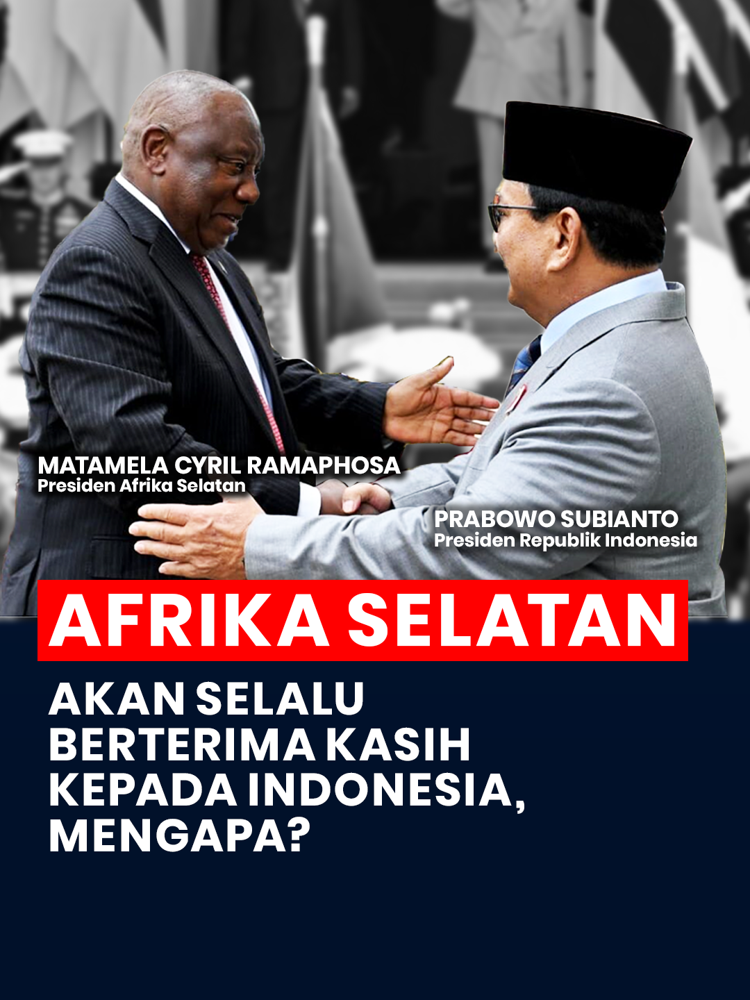 Presiden Afrika Selatan Cyril Ramaphosa mengenang solidaritas Indonesia di masa perjuangan melawan apartheid. “Selama bertahun-tahun, rakyat Afrika Selatan menemukan sekutu setia dalam diri Indonesia yang secara konsisten mendukung perjuangan melawan apartheid. Kami akan selamanya berterima kasih.” Konferensi Asia-Afrika tahun 1955 menjadi titik bersejarah yang mengikat semangat persaudaraan Asia dan Afrika — semangat yang kini kembali hidup dalam pertemuan antara Presiden Prabowo Subianto dan Presiden Cyril Ramaphosa di Jakarta. #IndonesiaAfrica #DiplomasiIndonesia #GlobalSouth #KonferensiAsiaAfrika #PrabowoSubianto #CyrilRamaphos