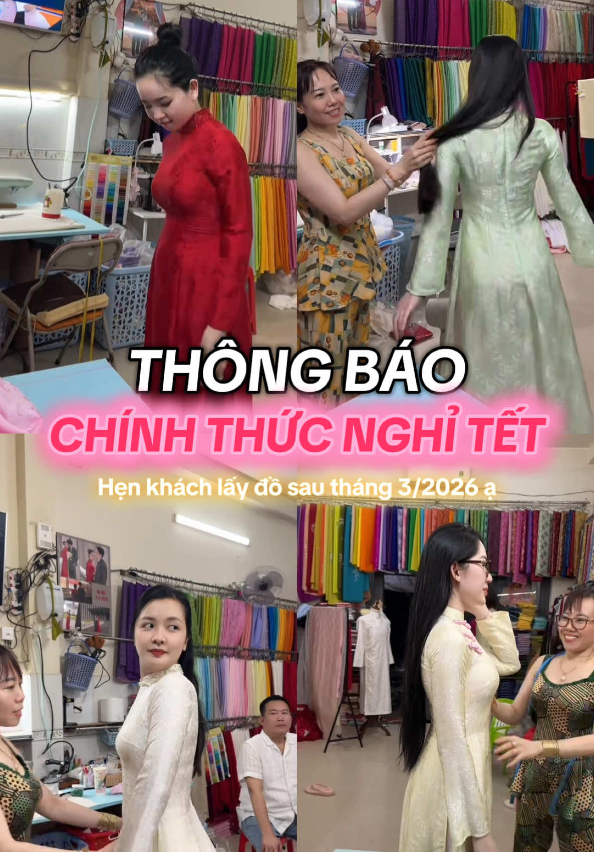 Một mùa Tết ấm no hạnh phúc, cảm ơn khách iu đã ủng hộ, tiệm chính thức full lịch rồi ạ 😜✨ cả nhà mình ăn Tết vui vẻ nghen, qua Tết muốn mặc áo dài thì ghé nhà Huỳnh Kiều nhé ❤️ #nhamayhuynhkieu #viral #xuhuong #fyp #trending 
