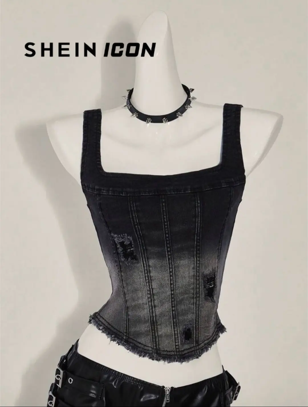 SHEIN ICON เสื้อเดนิมแขนกุด ฟิต คอสแควร์ สําหรับผู้หญิง ลวดลายเกรดเดียน