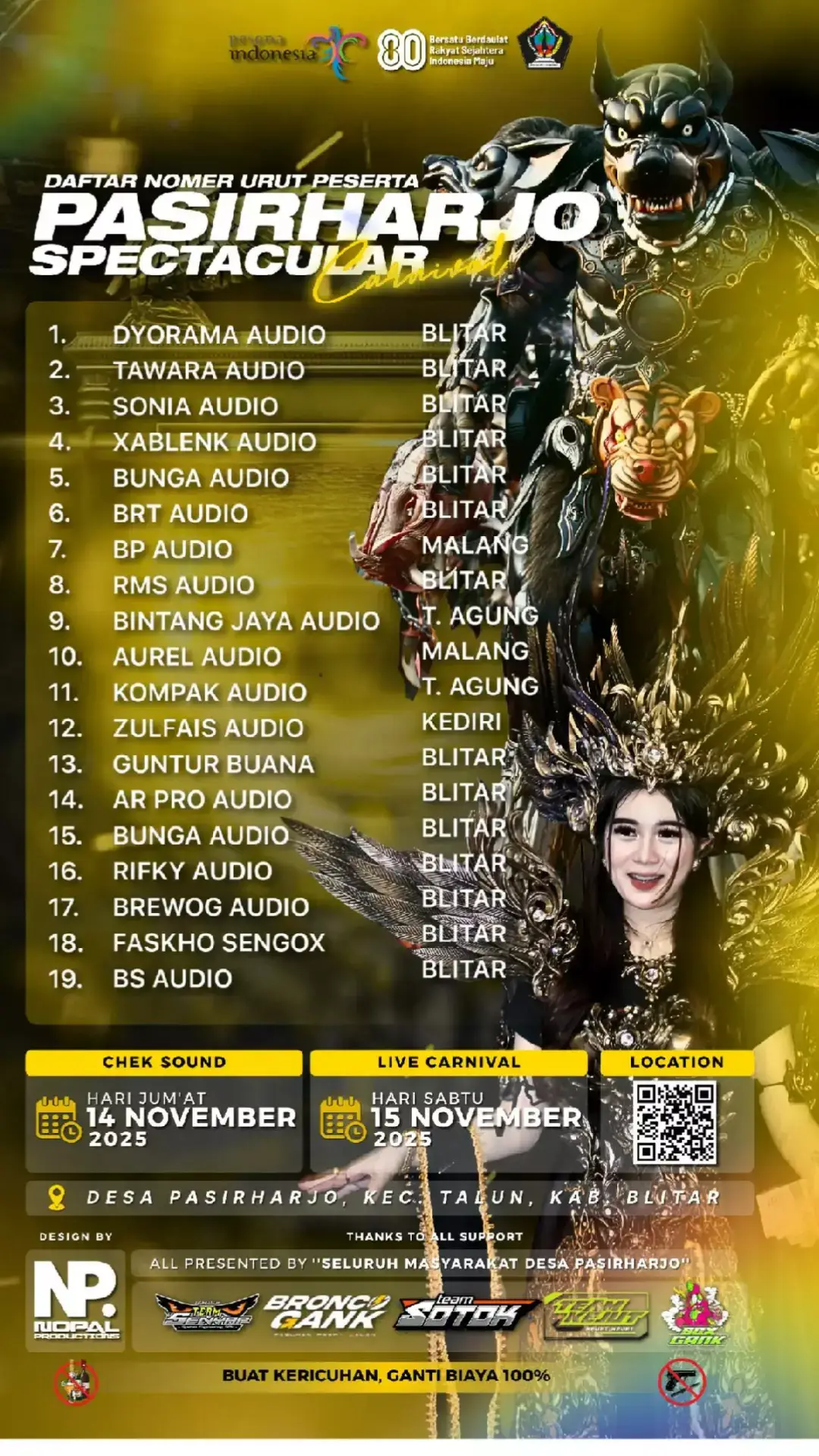 DAFTAR NOMER URUT PESERTA CARNIVAL PASIRHARJO 2025 SUPPORT BY:@teamsenyap2020 @team_sotok_official @teamkejut_official @sgx.gank.real #pamfletkarnaval #pasirharjotalunblitar #karnaval2025 #blitar24jam 