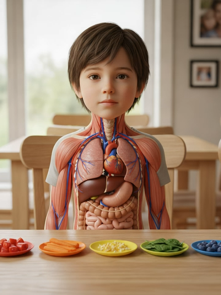 Rainbow Bite: Pick a Color, Watch the Body Glow! You pick the color; we feed one bite! Red→heart/circulation; Orange→eyes/skin; Yellow→brain/attention; Green→muscle/metabolism; Blue/Purple→vessels/brain support. Visual science only—not medical advice. #ChildHealth #ParentingTips #3danimation #parenting #HealthTok