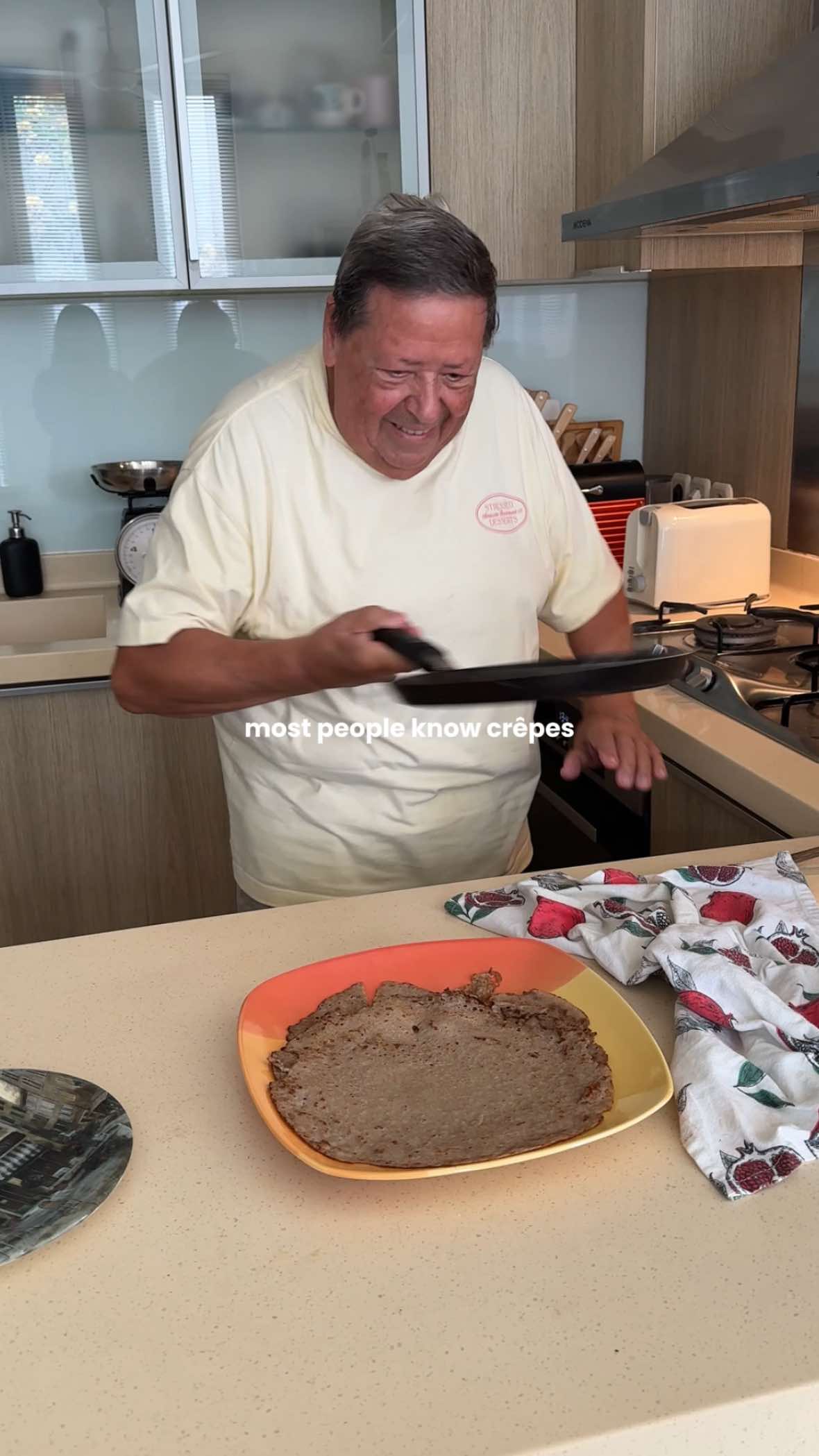 GALETTES DE SARRASIN Full Recipe ⬇️💕 As a girly who prefers salty over sweet food, I love love love savory crêpes (aka galettes de sarrasin).  So when my French grandpa said he knows how to make them, I was STOKED and immediately asked him to teach meee! 😍 Enjoy the recipe y’all ✨ Ingredients - 125g Buckwheat Flour (Farine de Sarrasin) 300g Water 1 Egg 3g Salt 1 teaspoon Honey 20g Butter (+ extra butter to cook the crêpes in the pan) How to Cook -  1. Run the buckwheat flour through a sieve and into a bowl.  2. In a separate bowl, add the water, egg, salt and honey, and whisk it altogether.  3. In a small pan, melt the butter. Then add the melted butter into the water mix and whisk.  4. Bit by bit, add the water mix into the buckwheat flour bowl, whisking thoroughly. Once everything is well incorporated, cover the bowl with cling wrap and place it in the fridge for 24hrs.  5. The next day, take the galette batter out of the fridge, give it a quick whisk, set it to the side and let it come to room temperature for about 30-45min. (note: if your batter is too cold, it will make the crepes more fragile. So ROOM TEMP is KEY!!) 6. Heat up a crepes pan, and once it’s nice and hot, add in a knob of butter. Let it spread and melt across the pan, then add in about 1-1.5 ladles of galette batter in the pan. Make sure to spread the batter around the pan by twisting the pan around, then let it cook. Once the galette’s corners turn golden and crisp, carefully flip the galette (be EXTRA careful because the galette is quite fragile). Let the galette crisp up a little more on the other side, then take it off the heat.  7. Add the savoury fillings of your liking to the galette - cheese, ham, sunny side up egg, anything you want… and enjoy! #galettesdesarrasin #savorycrepes #crepes #frenchfood #EasyRecipe 