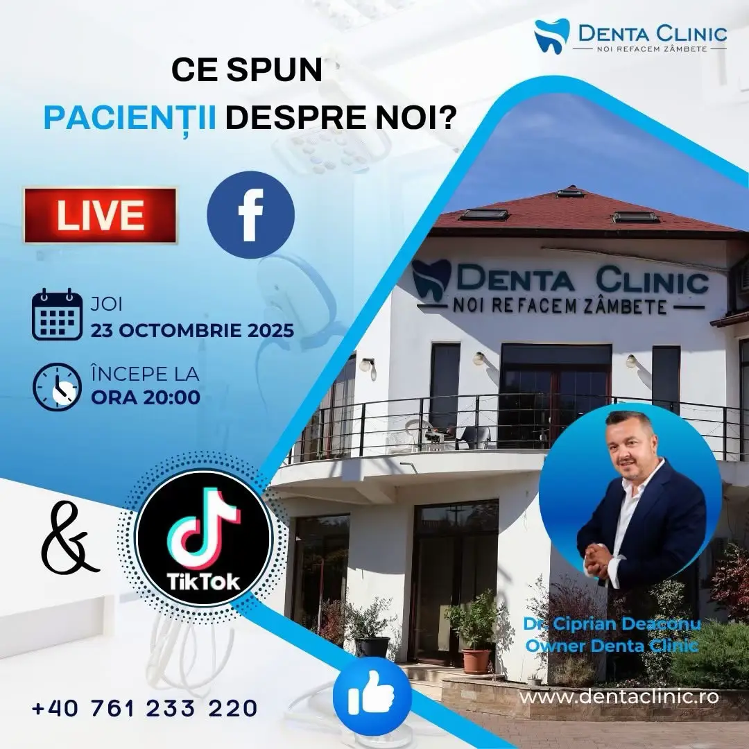 🎥 LIVE diseară, ora 20:00 – „Ce spun pacienții despre noi?” 💬 Fiecare zâmbet are o poveste, iar diseară le auzim chiar de la pacienții noștri ❤️ Experiențe reale, emoții, încredere, transformări – oameni care au trecut prin același drum ca tine și au ales să zâmbească din nou, fără frică și fără durere. 💡 Vei înțelege ce înseamnă o echipă empatică, tratamente moderne și o relație reală între pacient și medic. 📲 Intră diseară alături de noi, ascultă poveștile și vezi cum se schimbă viețile la Denta Clinic! 📍 Calea București 193A, Râmnicu Vâlcea 📞 WhatsApp: +40 761 233 220 🌐 www.dentaclinic.ro