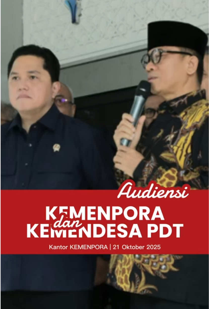 Mendampingi Menteri Desa Bapak Yandri Susanto beraudiensi dengan Menpora Bapak Erick Thohir di kantor Kemenpora pada 21 Oktober 2025. Dalam pertemuan tersebut, Mendes mengajak Menpora berkolaborasi untuk menyukseskan program Pemuda Pelopor Desa dan Liga Desa. Harapannya agar program-program ini dapat lebih kuat lagi mendorong kemajuan dan kemandirian desa. #kemendespdt  #bangundesabangunindonesia  Dok: Humas KDPDT