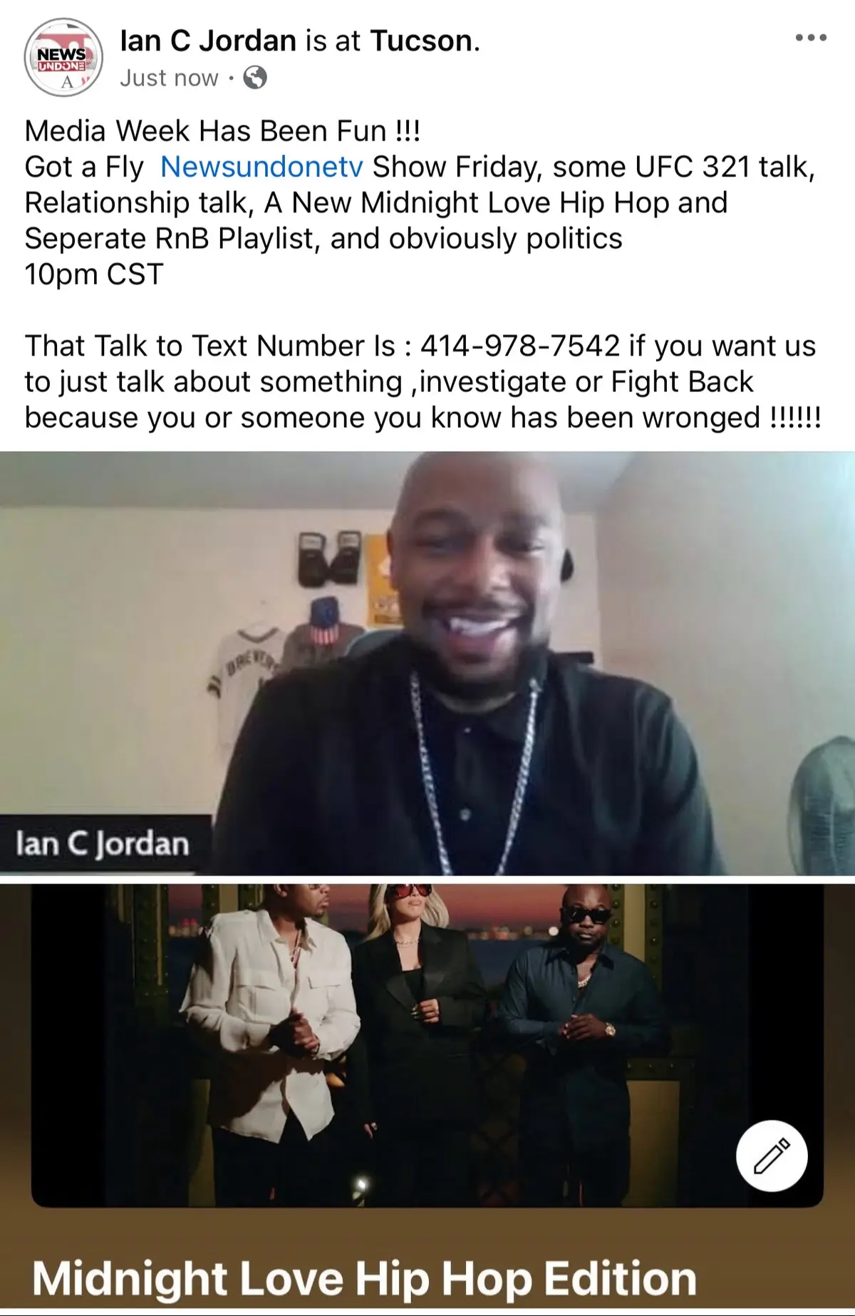 Media Week Has Been Fun !!! Got a Fly  Newsundonetv Show Friday, some UFC 321 talk, Relationship talk, A New Midnight Love Hip Hop and Seperate RnB Playlist, and obviously politics  10pm CST That Talk to Text Number Is : 414-978-7542 if you want us to just talk about something ,investigate or Fight Back because you or someone you know has been wronged !!!!!!  #media 