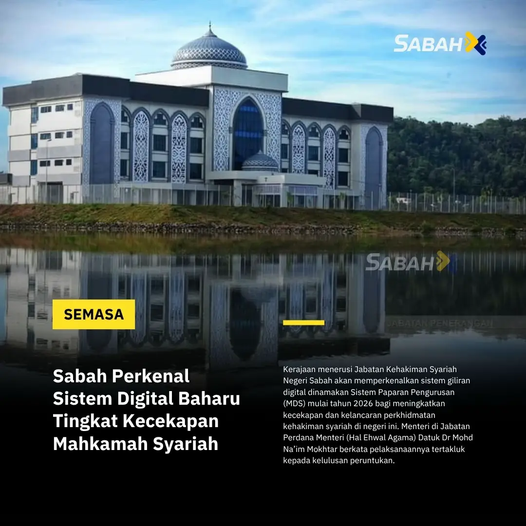 23 OKT 2025 : Kerajaan menerusi Jabatan Kehakiman Syariah Negeri Sabah akan memperkenalkan sistem giliran digital dinamakan Sistem Paparan Pengurusan (MDS) mulai tahun 2026 bagi meningkatkan kecekapan dan kelancaran perkhidmatan kehakiman syariah di negeri ini.  ▪️Menteri di Jabatan Perdana Menteri (Hal Ehwal Agama) Datuk Dr Mohd Na’im Mokhtar berkata pelaksanaannya tertakluk kepada kelulusan peruntukan. ▪️Beliau memaklumkan bahawa antara tahun 2020 hingga 2023, sebanyak 10,959 permohonan pembahagian harta pusaka dan pelantikan pentadbir direkodkan di Sabah dengan 93.91 peratus daripadanya telah diselesaikan, manakala 7,466 kes masih dalam proses.  ▪️Bagi memperkukuh sistem kehakiman syariah negeri, kerajaan turut meluluskan 28 jawatan baharu bagi hakim Mahkamah Tinggi Syariah di Sabah. Sumber : Bernama #sabahancrew_fams #malaysiatiktok🇲🇾 #sabahantiktoker #sabah #fyp 