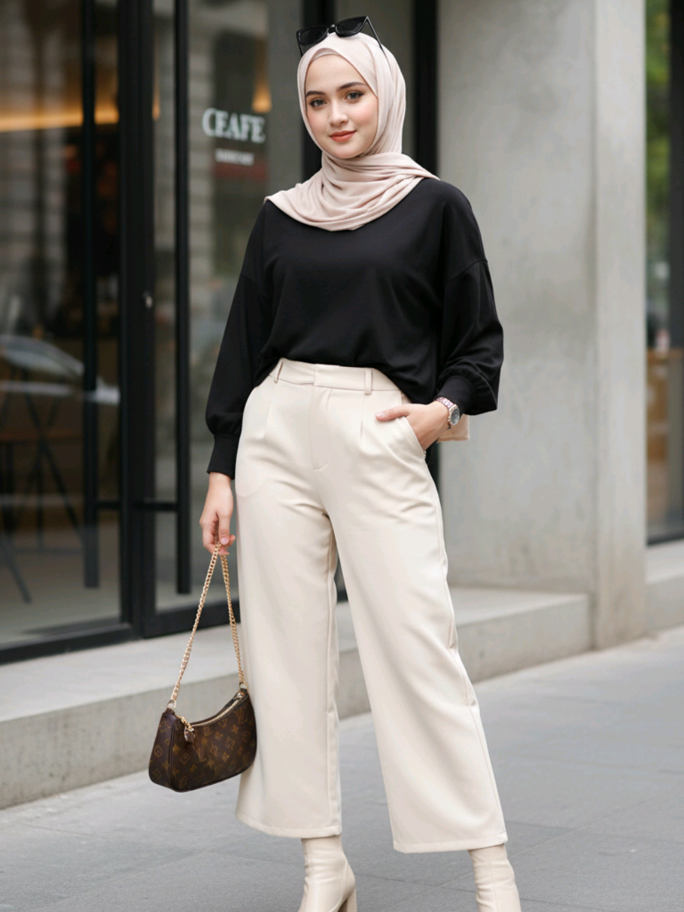 Prompt Gemini Ai wanita berhijab sedang berdiri Buatkan gambar hyper-realistic, wajahnya sama persis dengan foto referensi (100% tanpa perubahan pada wajah, mata, struktur wajah, alis, hidung, bibir dan juga jangan merubah bentuk badan) Seorang wanita Muslim yang bergaya berdiri dengan percaya diri di depan pintu masuk kafe modern berpintu kaca dan berdinding beton. Ia mengenakan Hijab: Berwarna beige muda, gaya simpel dililit rapi di kepala dengan salah satu ujung menjuntai ke depan bahu. Atasan: Blouse panjang berlengan panjang berwarna hitam dengan potongan longgar dan bahan lembut yang tampak nyaman dipakai. Celana: Celana high-waist berwarna krem terang, model wide-leg (longgar) dengan panjang sedikit di atas mata kaki. Sepatu: Boot pendek berwarna krem muda dengan hak sedang (block heels), senada dengan warna celana dan hijab. Tas: Tas tangan kecil bermotif logo Louis Vuitton berwarna cokelat, dengan tali rantai emas. Aksesori tambahan: Kacamata hitam yang diletakkan di atas kepala sebagai pelengkap gaya kasual chic. Pose satu tangan (kanan) dimasukkan ke dalam saku celana, sementara tangan kiri memegang rantai emas tas kecil yang tergantung di samping tubuh. Tubuhnya sedikit miring ke satu sisi, memberikan kesan rileks dan elegan. Kakinya berdiri tegap dengan satu kaki sedikit di depan kaki lainnya, menciptakan postur yang natural namun modis. Kepala sedikit dimiringkan dengan senyum lembut, menatap kamera secara langsung, menambah kesan percaya diri dan ramah, memancarkan keanggunan dan nuansa kasual yang chic. Pencahayaannya alami dan lembut, menonjolkan warna netral pakaiannya dan latar belakang perkotaan yang nyaman. Gaya fotografi street fashion beresolusi tinggi dan realistis, fokus tajam, detail tajam. #fyp #fyppppppppppppppppppppppp #fypシ゚ #fypage #hijab 