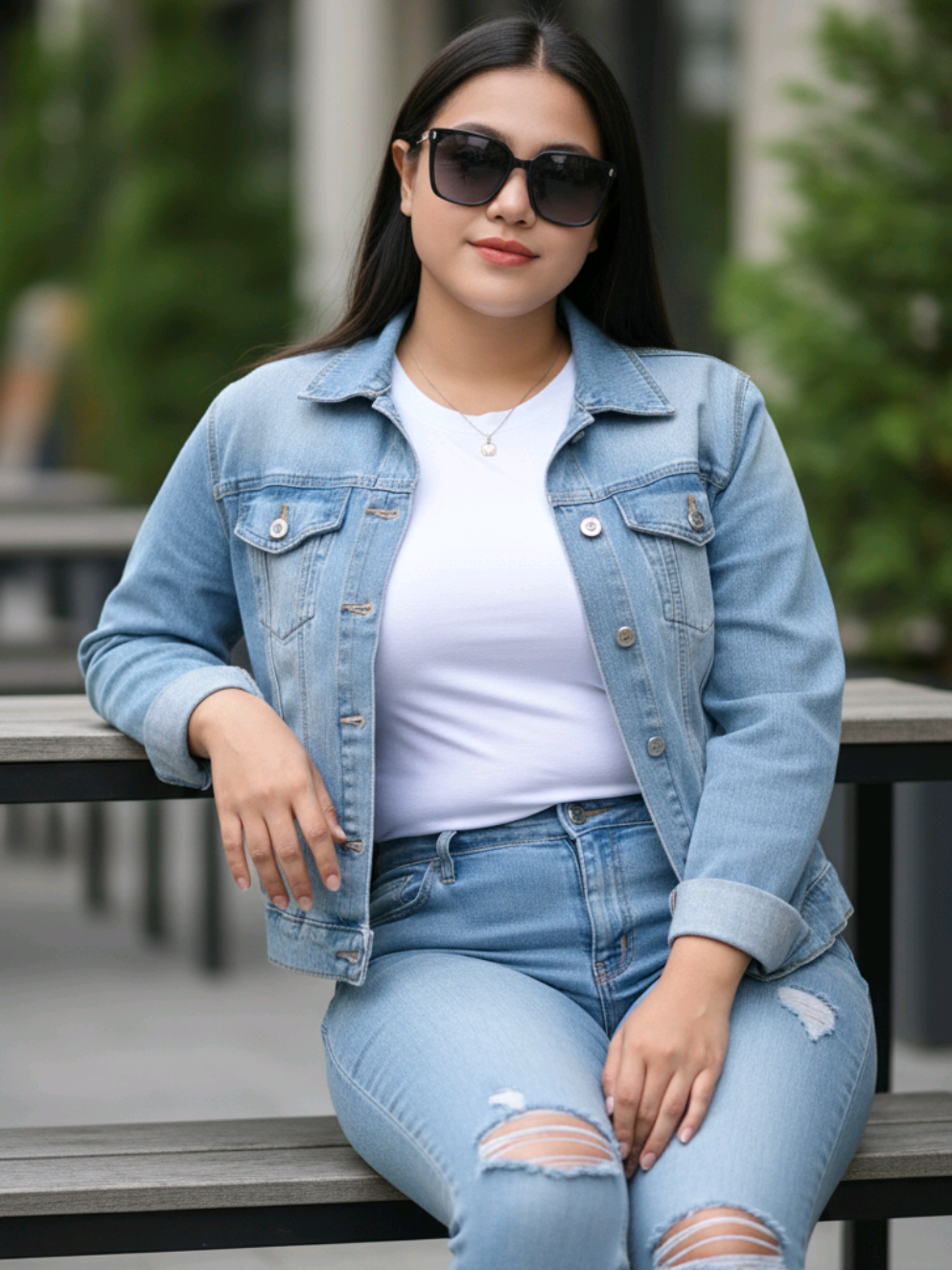 Prompt Gemini Ai wanita duduk santai di bangku Buatkan gambar hyper-realistic, wajahnya sama persis dengan foto referensi (100% tanpa perubahan pada wajah, mata, struktur wajah, alis, hidung, bibir dan juga jangan merubah bentuk badan) Seorang wanita yang bergaya duduk santai di bangku di luar ruangan, ia mengenakan Atasan: Kaos putih polos dengan potongan pas di badan, berleher bulat. Outer: Jaket denim (jeans jacket) berwarna biru muda agak pudar, dengan detail jahitan tebal dan dua saku di bagian dada. Lengan digulung sedikit di pergelangan, memberi kesan kasual. Bawahan: Celana jeans biru muda model skinny dengan robek besar (ripped) di lutut dan paha, memberikan gaya santai dan modern. Aksesori: Kacamata hitam besar bergaya klasik. Kalung tipis berliontin kecil. Rambut panjang. Pose: Wanita duduk santai di atas bangku atau kursi tanpa sandaran. Tubuhnya agak condong sedikit ke depan dengan posisi bahu rileks. Tangan kanan diletakkan di atas paha kanan, sementara tangan kiri bertumpu santai di sisi kursi. Kaki kanan menapak lantai, sedangkan kaki kiri disilangkan di atas kaki kanan secara ringan. Kepala sedikit dimiringkan ke kanan dengan ekspresi wajah tenang dan senyum tipis. Pandangan diarahkan ke depan, memberi kesan percaya diri dan rileks. Latar belakang menampilkan suasana kafe urban yang kabur dengan tanaman dan warna-warna netral. Cahaya alami, bayangan lembut, warna realistis, fotografi fesyen bergaya jalanan modern, pose santai dan percaya diri, serta gambar beresolusi tinggi, fokus tajam, detail tajam. #fypage #fypシ゚ #fyppppppppppppppppppppppp #fyp #fashion 