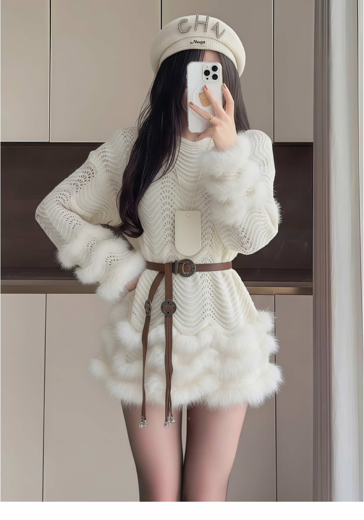 Mùa đông không lạnh khi có em! ❄️ Áo len dáng dài lông xù kết hợp mũ beret, vừa ấm áp vừa sang chảnh như tiểu thư Paris. 🤍 #ÁoLen #MùaĐông #SangChảnh #PhốiĐồ#homnaymacghi 