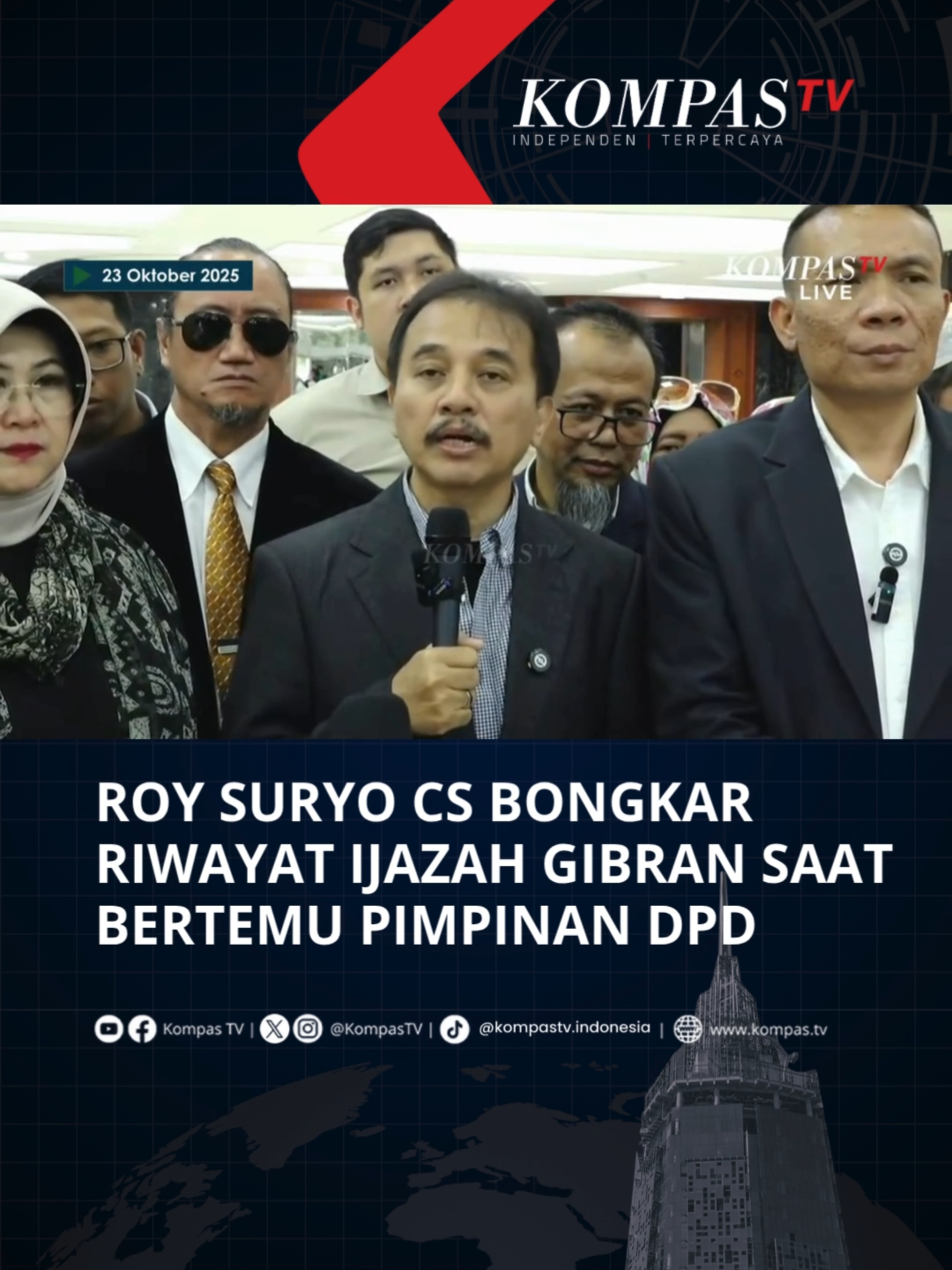 Penulis buku Jokowi's White Paper, Roy Suryo, Rismon dan dokter Tifauzia bersama pakar hukum tata negara Refly Harun menyambangi pimpinan DPD RI membahas riwayat ijazah Wakil Presiden Gibran Rakabuming di kompleks parlemen, Senayan, Jakarta, pada Kamis (23/10/2025).  Roy Suryo mengklaim menurut hasil penelitian yang mereka lakukan menyatakan bahwa Gibran tidak memiliki ijazah SMA. Tuliskan komentarmu dan dapatkan berita terkini lainnya di www.kompas.tv serta youtube.com/kompastv #SOROTKompasTV #TikTokBerita