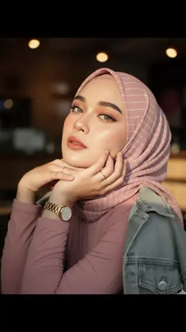 Edit Tanpa merubah bentuk wajah Ciptakan potret close up hyper realistis tanpa merubah wajah dan riasan. seorang wanita dengan kulit halus tanpa cela, riasan alami ringan (flawless look) wajah cerah, bulumata lentik natural, eyeliner tipis, perona pipi soft, bibir glossy peach orange muda ekspresif. Pose menatap kamera dari bawah, mengenakan manset lengan panjang pink dusty di atasnya terdapat jaket jeans soft abu pudar dengan kancing terbuka,dan menggantung di atas satu bahu, menciptakan tampilan yang berani namun kasual. Memakai hijab berwarna pink dusty bermotif salur pink putih , menambah ke dalaman dan kelembutan.  Expresi tatapan menggoda. Ia memakai jam tangan warna emas, dan beberapa cincin kecil emas dijarinya yg lentik. Berpose kedua tangan seperti menopang dagunya dengan elegant.  Pencahayaan sinematik, sinar matahari yang hangat memberikan bayangan di wajah, menyoroti garis-garis halus.