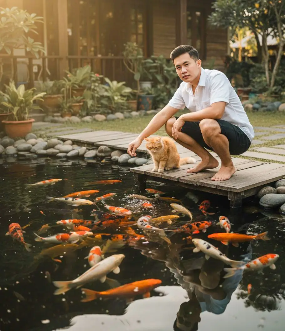 Tutorial edit di GEMINI AI 🫵 1. buka aplikasi Gemini 📲 2. Masukan foto kamu 📸 3. Copy+paste prompt di bawah 👇 ​ PROMPT : Buatkan gambar hyper realistic. tanpa merubah detail wajah di foto. seorang pria memakai kemeja lengan pendek putih dan celana jeans pendek hitam, tanpa memakai alas kaki. berjongkok memberi makan ikan, di bawahnya yang banyak ikan koi dan tatapan pria menoleh ke kamera dengan ekspresi tenang ( foto diambil dari samping) . dan di air yang bening terlihat sedikit pantulan bayangan dirinya. Di samping pria ada se ekor kucing oren sedang menatap ke bawah kolam ikan. background rumah dan kolam ikan dengan injakan kayu seperti dermaga yang aesthetic, terdapat tanaman disekitarnya dan ikan ikan kecil didalam kolam. pencahayaan sore hari yang cinematic. 9:16. #promptgemini #fyp #gemini #geminitrend #GeminiAi 