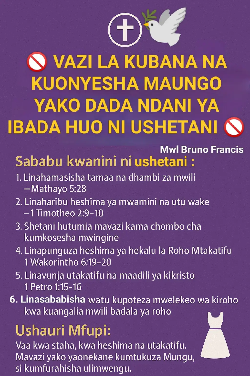 📖1 Wakorintho 3 16 Hamjui ya kuwa ninyi mmekuwa hekalu la Mungu, na ya kuwa Roho wa Mungu anakaa ndani yenu? 17 Kama mtu akiliharibu hekalu la Mungu, Mungu atamharibu mtu huyo. Kwa maana hekalu la Mungu ni takatifu, ambalo ndilo ninyi. 📖Warumi 12:1 Basi, ndugu zangu, nawasihi, kwa huruma zake Mungu, itoeni miili yenu iwe dhabihu iliyo hai, takatifu, ya kumpendeza Mungu, ndiyo ibada yenu yenye maana. 📖1 Wakorintho 6 15 Je! Hamjui ya kuwa miili yenu ni viungo vya Kristo? Basi nivitwae viungo vya Kristo na kuvifanya viungo vya kahaba? Hasha! 16 Au hamjui ya kuwa yeye aliyeungwa na kahaba ni mwili mmoja naye? Maana asema, Wale wawili watakuwa mwili mmoja. 17 Lakini yeye aliyeungwa na Bwana ni roho moja naye. 18 Ikimbieni zinaa. Kila dhambi aitendayo mwanadamu ni nje ya mwili wake; ila yeye afanyaye zinaa hutenda dhambi juu ya mwili wake mwenyewe. 19 Au hamjui ya kuwa mwili wenu ni hekalu la Roho Mtakatifu aliye ndani yenu, mliyepewa na Mungu? Wala ninyi si mali yenu wenyewe; 20 maana mlinunuliwa kwa thamani. Sasa basi, mtukuzeni Mungu katika miili yenu. #fypシ゚ #tiktoktanzania🇹🇿 #bibleverse #fyppppppppppppppppppppppp #christiantiktok 