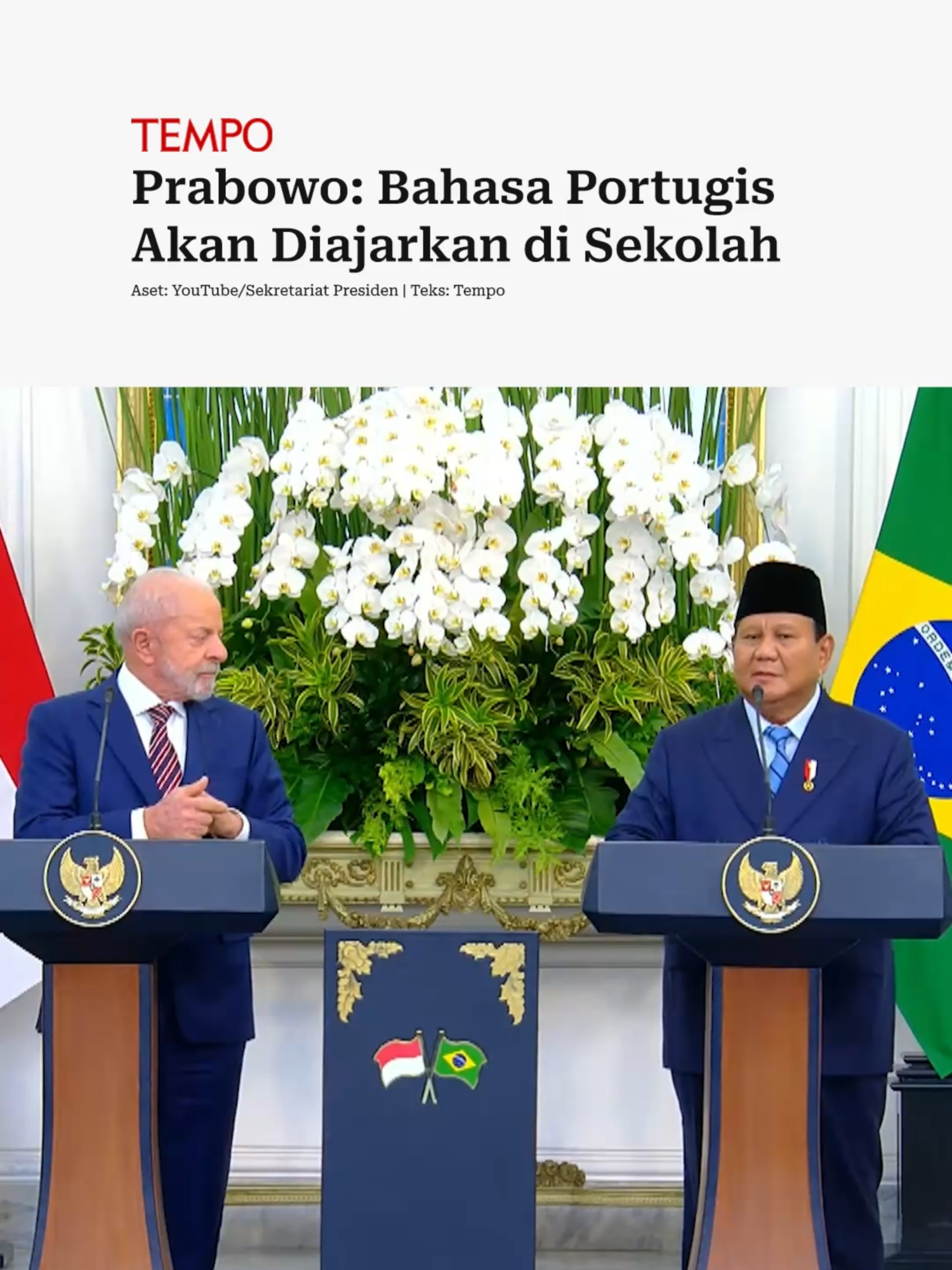 Presiden Prabowo Subianto mengatakan bahasa Portugis akan masuk pembelajaran di sekolah-sekolah di Indonesia. Pernyataan Prabowo disampaikan dalam pertemuan dengan Presiden Brasil Luiz Inácio Lula da Silva dalam rangka kunjungan negara Brasil ke Indonesia di Istana Merdeka. Ia mengatakan keputusan itu sebagai bukti hubungan Brasil dan Indonesia yang kuat. #tempodotco  #Prabowo #bahasa #Portugis #sekolah