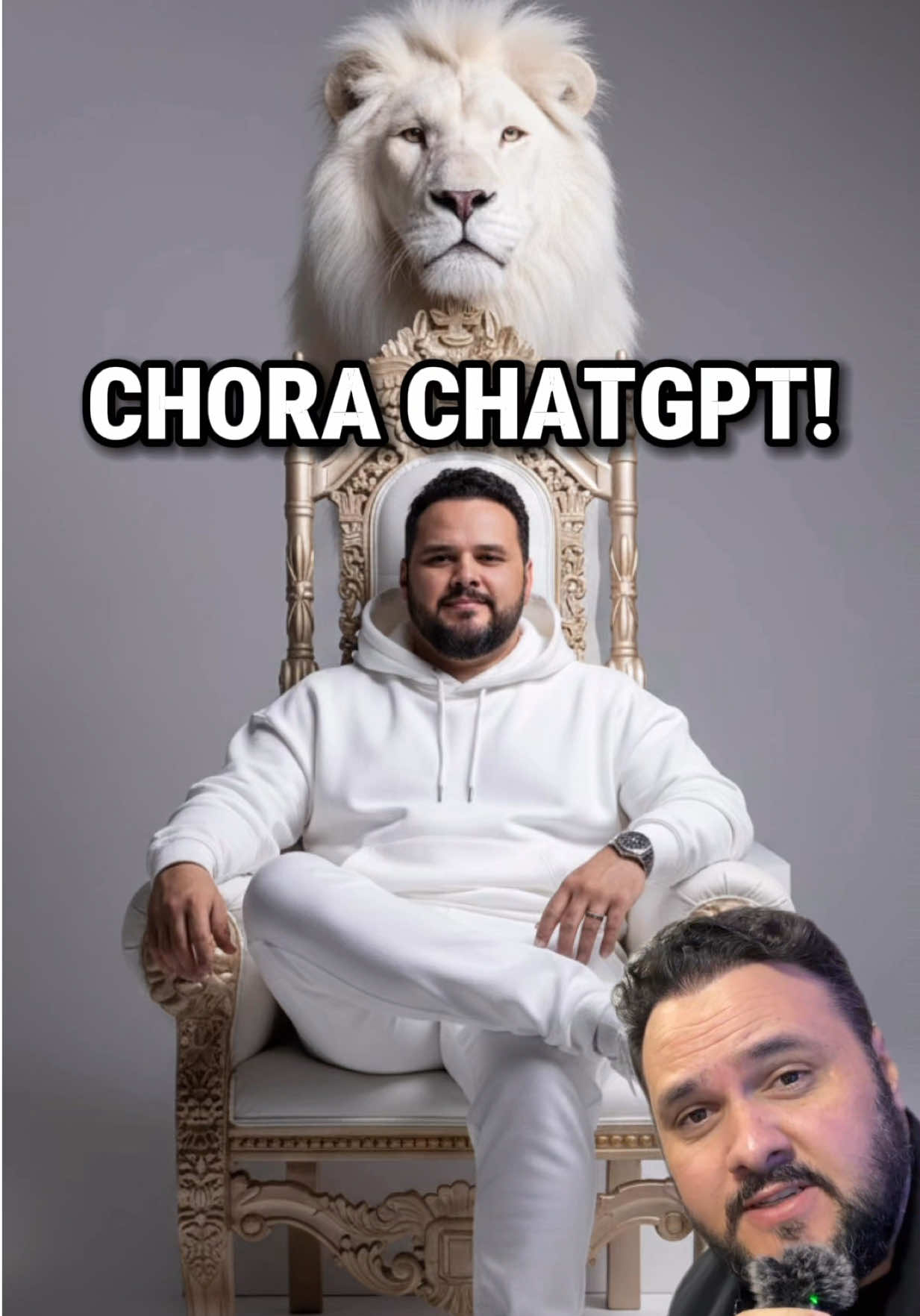 Como fazer essa sua Foto estilosa com IA sem mudar o seu rosto? Prompt:  Retrato editorial hiper-realista estilo Vogue, modelo masculino usando moletom branco oversized e calça combinando, tênis brancos elegantes. Sentado com elegância em trono branco e dourado, postura relaxada, cabeça levemente inclinada, expressão confiante e sofisticada. Atrás dele, leão branco imponente, pelagem como a neve, simbolizando força. Estúdio minimalista de luxo com fundo escuro em tons pastel brancos, iluminação suave e sombras delicadas destacando rosto e tecidos. Textura refinada, foco preciso no rosto, profundidade de campo rasa. — 8K — DSLR — lente 85mm — f/1.4 — estilo editorial futurista — atmosfera elegante, artística e poderosa —ar 2:3 —v 6 —style raw —q 2 #fotos #ia #inteligenciaartificial #tecnologia #gemini