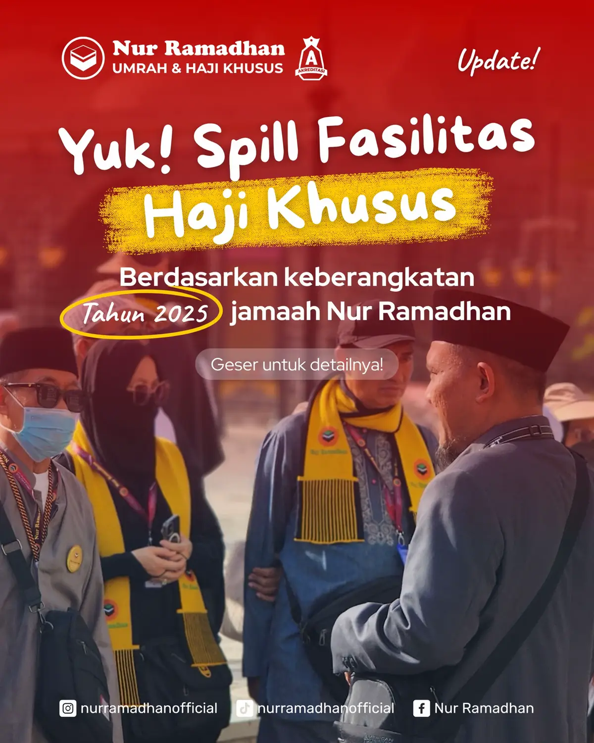 🕋✨ Ingin Haji Lebih Khusyuk & Maksimal? Wujudkan Mabrur dengan Fasilitas PREMIUM yang Menenangkan Hati bersama Nur Ramadhan✨🕋 Jadikan perjalanan suci Anda ke Tanah Suci sebuah ikhtiar terbaik meraih haji mabrur bersama Haji Khusus Nur Ramadhan! Kami memahami, fokus ibadah tak boleh terpecah oleh urusan dunia. Inilah upgrade kenyamanan dan kekhusyukan yang akan Anda rasakan: ⭐ Manasik Eksklusif: Persiapan matang di Hotel Bintang 5 di Tanah Air. Penuh ilmu dan nyaman. 🕌 Akomodasi Terbaik: Hotel dekat dengan Masjidil Haram dan Masjid Nabawi. Hanya selangkah menuju ibadah fardhu dan sunnah. 👑 Maktab VVIP 111: Nikmati fasilitas super nyaman di Mina, memastikan istirahat dan ibadah Anda optimal. 🛌 Hotel Transit ARMUZNA: Bahkan saat momen Arafah, Muzdalifah, dan Mina (ARMUZNA), kenyamanan Anda terjamin dengan hotel transit yang disiapkan. 📜 Bimbingan Sunnah: Kajian mendalam dan Pendampingan Eksklusif dari Muthawif profesional yang membimbing setiap langkah ibadah Anda sesuai tuntunan Rasulullah SAW. Fokus ibadah 100%! ✈️ Lounge Bandara Eksklusif: Tunggu jadwal penerbangan dengan tenang dan nyaman di lounge mewah. Perjalanan pulang pun tetap berkesan. 🩺 Tim Medis Siaga: Kesehatan Anda adalah prioritas kami. Tim Medis Khusus selalu siap sedia menjaga kondisi fisik para jamaah. Bayangkan: Ibadah maksimal, energi terjaga, hati tenang, dan semua fasilitas kelas atas mengiringi setiap sujud Anda.  Ini bukan sekadar perjalanan, ini adalah investasi akhirat dengan layanan bintang lima! Jangan tunda lagi niat suci Anda! Kuota Haji Khusus sangat terbatas. ─────⋆⋆⋆───── 𝗢𝗳𝗳𝗶𝗰𝗶𝗮𝗹 𝗡𝘂𝗿 𝗥𝗮𝗺𝗮𝗱𝗵𝗮𝗻 SK. Izin Umrah: 02201012628780006 SK.Izin Haji: 02201012628780007 🏤 𝗝𝗼𝗴𝗷𝗮: Jl. Monumen Jogja Kembali No.44B, Gemawang, Sinduadi, Mlati, Kab. Sleman, DI Yogyakarta. 🏢 𝗝𝗮𝗸𝗮𝗿𝘁𝗮: Jl. Cempaka Putih No.25, Jakarta Pusat. #haji #hajikhusus #hajiplus #onhplus #daftarhaji #haji2026 #haji2025 #infohaji #beritahaji #kabarhaji #birohaji #promohaji #hajisehat #hajinyaman #hajisesuaisunnah #hajimabrur #mabrur