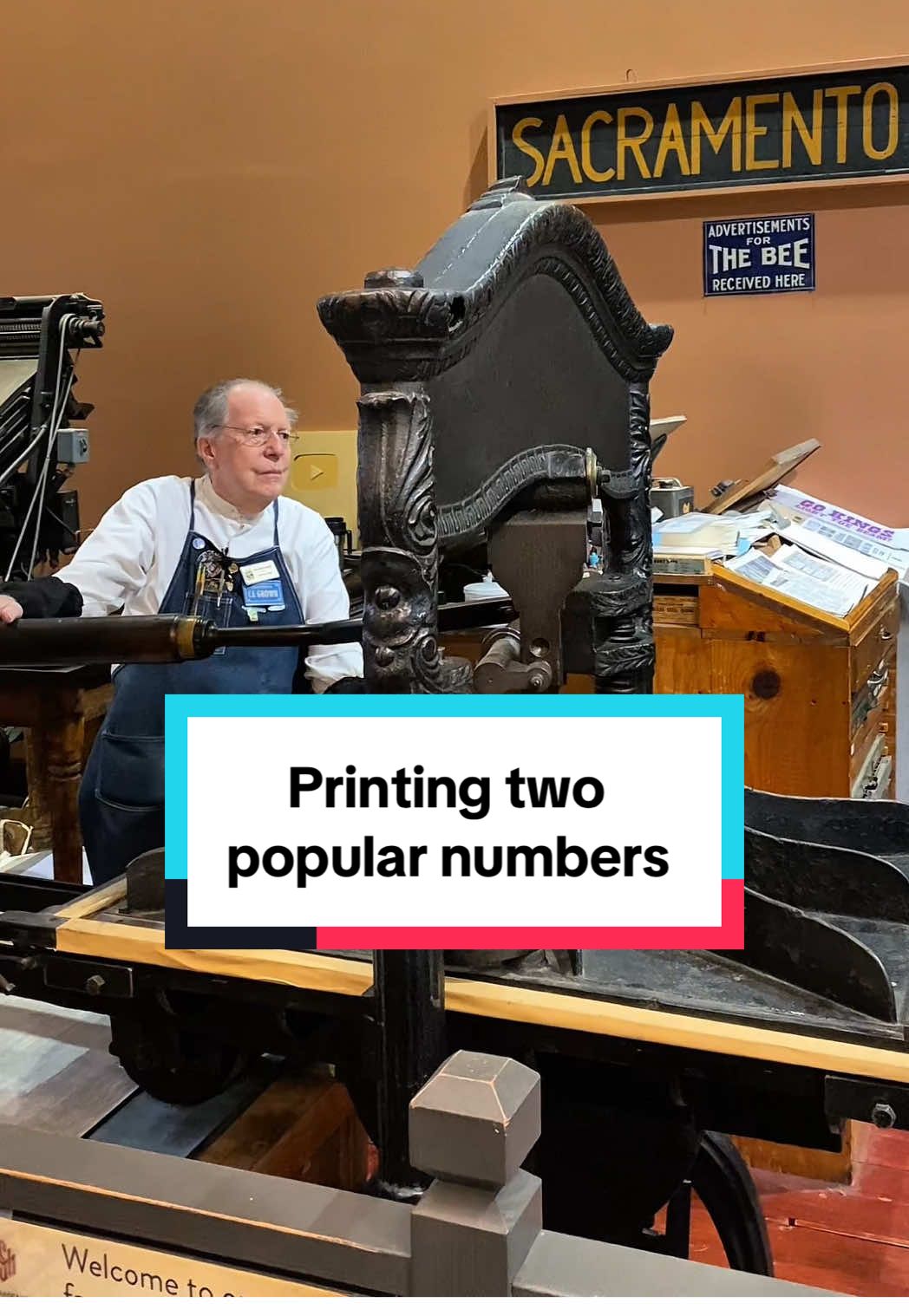 We often receive requests for videos and this was by far our most requested topic in the last month. This needed no talking or explanation as Howard letterpress printed two numbers.  We had to get out some large wood type that was made in the late 1880s by the Hamilton Wood Type Company for this. The typeface is French Clarendon and the type is 20 line pica (3 inches) in height. The print states “6 7.” This was printed with black rubber base ink using our Washington hand press, which was made in 1852. #SacHistoryMuseum #typography #sacramento #museum #67  