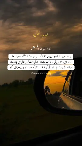 SUNSET 🍁 ہدایت ایک دن میں نہیں ملتی، یہ دل کی زمین کو نرم کر کے ، آنکھوں کو نم کر کے ، رب کی محبت سے آہستہ آہستہ اندر اترتی ہے۔ یہ اُن لمحوں میں قریب آتی ہے جب تم دنیا کے سارے سوال چھوڑ کر بس رب سے جواب مانگتے ہو۔ #sunsetlover #qoutes #urdupoetry #fypviralシ #foryoupage 