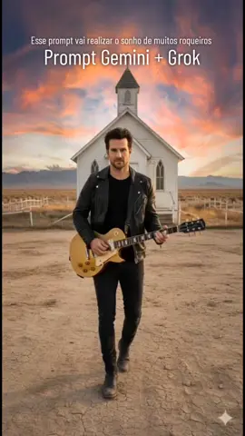 Esse prompt vai realizar o sonho de infância de muitos roqueiros. Obs:O prompt já está configurado de forma unissex (pode ser usado por homens e mulheres sem necessidade de alterar detalhes de gênero)  Foi usado Gemini para criar a foto e o Grok para animar a imagem.  Tutorial: 1. Abra o aplicativo Gemini do Google  2. Faça o upload da sua foto  3. Copie e cole o prompt. Depois de feita a imagem, instale o aplicativo Grok e lá é só fazer o upload da foto, que ele faz um vídeo curto baseado nela.  Segue o prompt (que também colocarei nos comentários): Usando minha foto como referência de rosto e cabelo, sem modificar nenhum dos traços faciais originais e mantendo-se fiel às minhas características faciais e físicas, crie uma cena cinematográfica hiper-realista mostrando a pessoa da foto em anexo, mantendo os cabelos levemente bagunçados pelo vento, caminhando em um deserto vasto e árido, segurando uma guitarra elétrica Les Paul dourada na posição horizontal como se fosse tocar. A pessoa usa uma jaqueta de couro preta aberta, camiseta preta justa, calças escuras justas e botas pretas empoeiradas, com expressão séria e olhar focado. No centro do fundo, uma pequena igreja branca de madeira se destaca. Ela possui arquitetura simples em estilo rural americano, com uma torre estreita e alta que termina em uma cruz metálica no topo. A fachada é revestida com tábuas de madeira pintadas de branco envelhecido, mostrando desgaste natural do tempo, com sombreamento suave e textura visível. Há janelas estreitas com molduras brancas, uma porta central de madeira simples e um pequeno alpendre com degraus de madeira. O entorno mostra uma cerca branca parcialmente danificada cercando o terreno, com grama seca e poeira do deserto cobrindo o chão. Atrás da igreja, montanhas baixas e céu dramático em tons de laranja, rosa e cinza completam o cenário. A iluminação do entardecer cria contraste suave e sombras longas, destacando o brilho do sol nas bordas da construção. O chão é seco e rachado, e cercas brancas se estendem ao redor da igreja. O céu está coberto por nuvens dramáticas em tons de laranja, rosa e cinza, com luz suave e difusa do entardecer iluminando a cena. A imagem tem profundidade cinematográfica, cores quentes, foco nítido no personagem e textura realista em roupas, pele e areia. O estilo lembra uma fotografia de filme clássico com tom melancólico e atmosfera intensa de rock’n’roll. Estilo: realismo cinematográfico, iluminação natural suave, profundidade de campo, cor quente, contraste moderado, tons terrosos e dourados. Configurações extras (para IA de imagem): 8K, ultra-detalhado, foco no personagem, lente 35mm, composição simétrica, film look, shallow depth of field. #prompt #gemini #rock #fyp #guns 